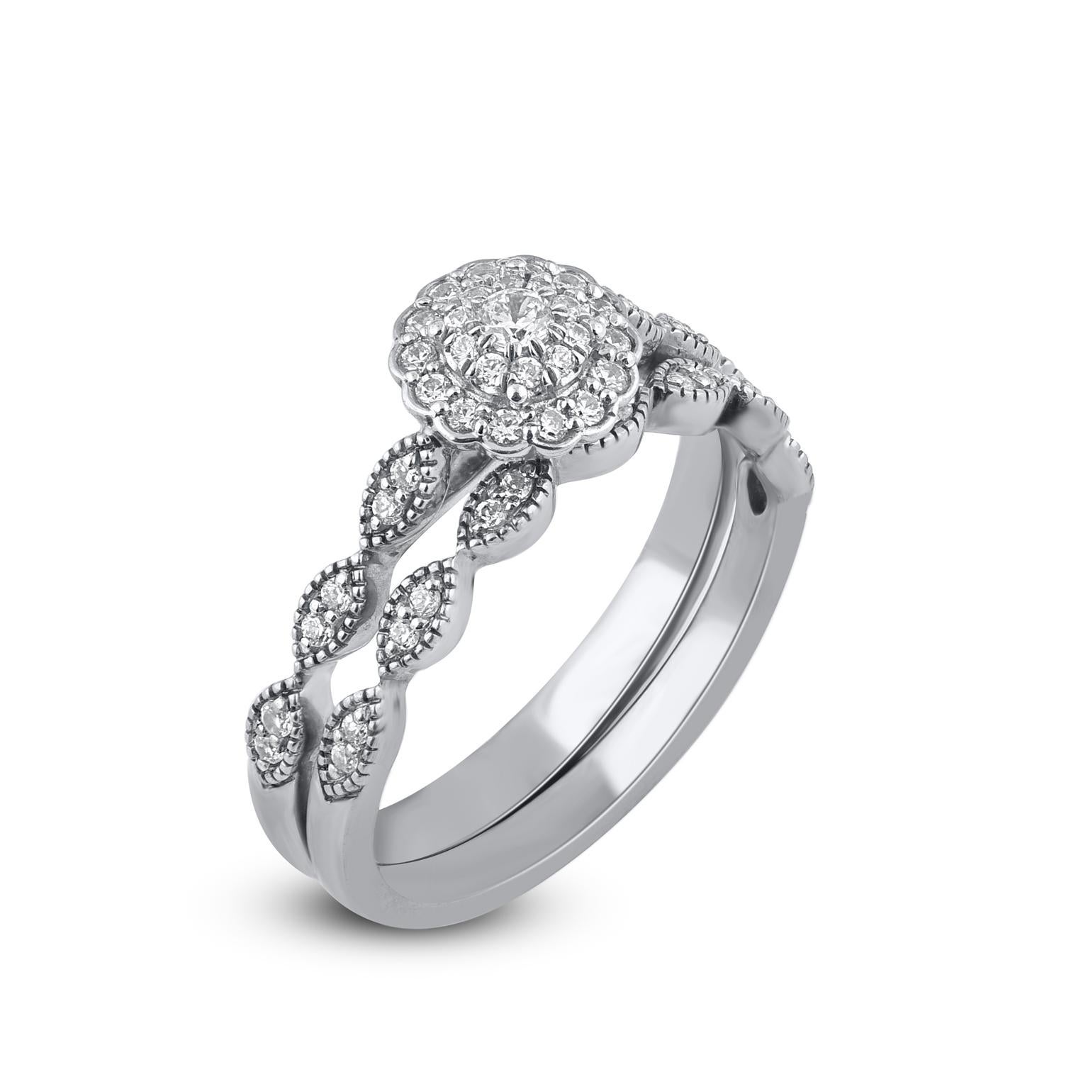 Contemporain Ensemble de mariage en or blanc 14 carats avec diamants taille ronde naturels de 0,35 carat TJD en vente
