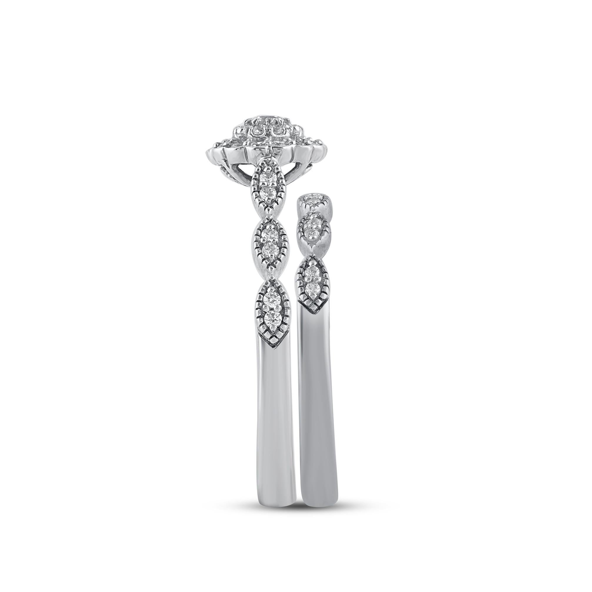 Taille ronde Ensemble de mariage en or blanc 14 carats avec diamants taille ronde naturels de 0,35 carat TJD en vente