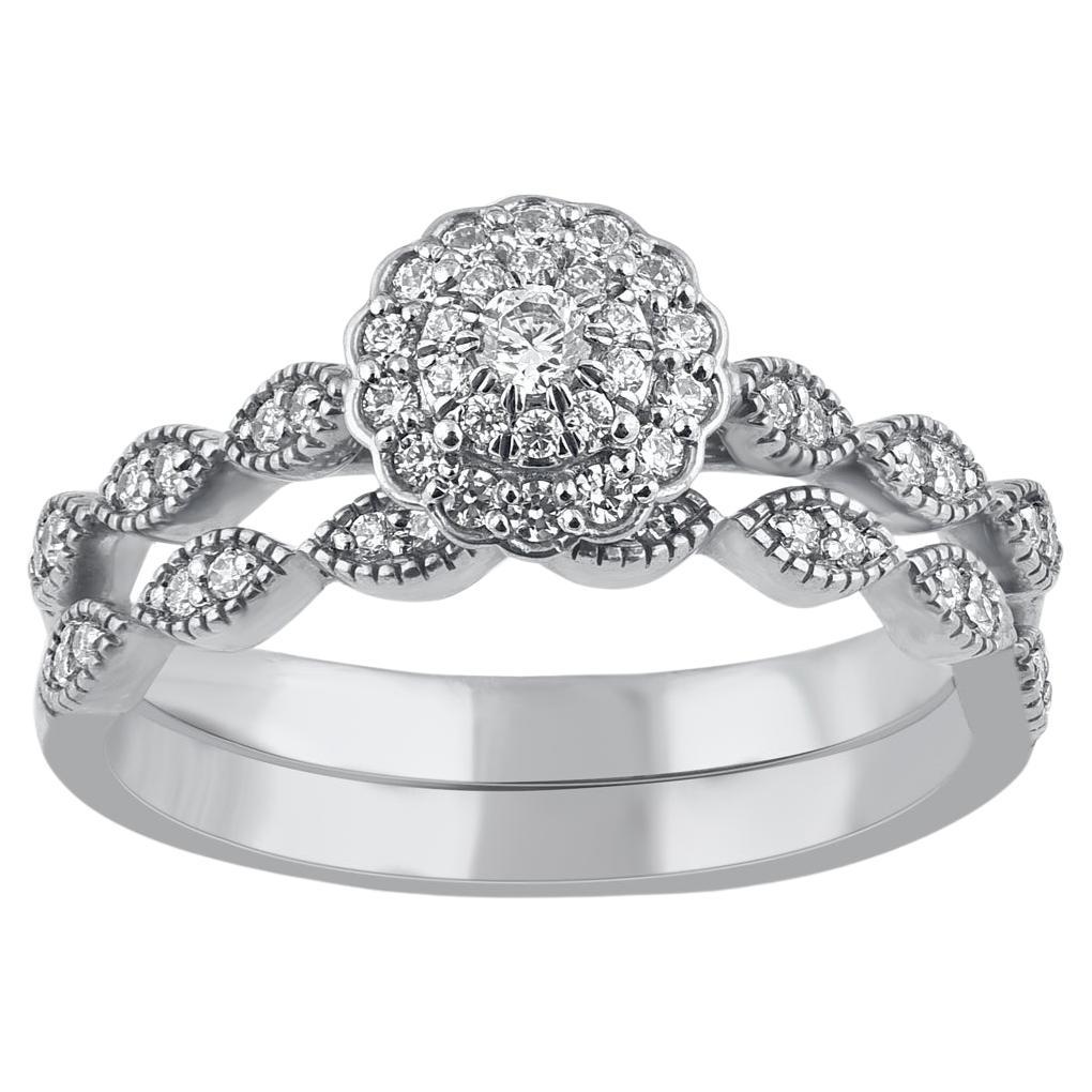 TJD 0.35 Carat Natural Round Cut Diamond 14 Karat White Gold Cluster Bridal Set