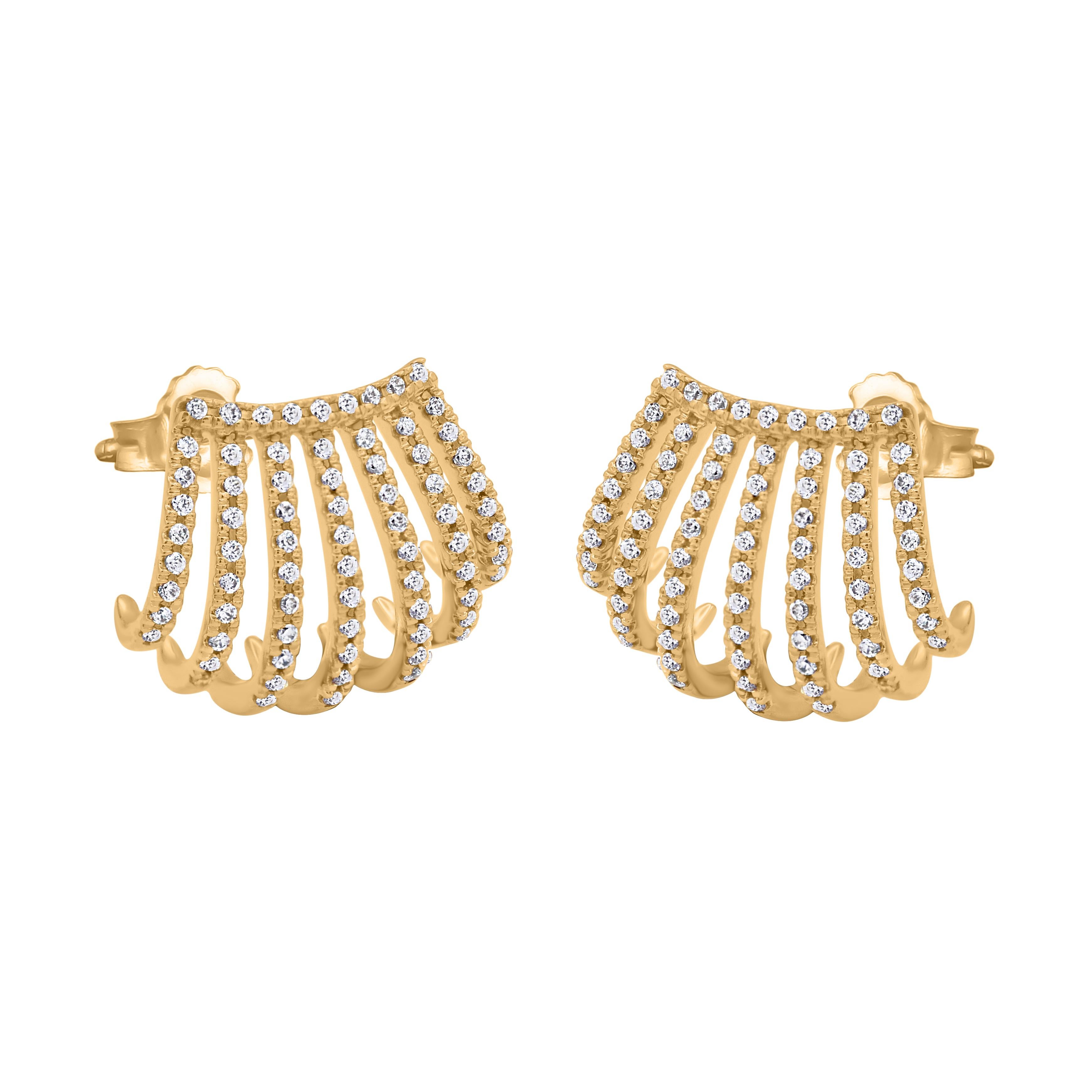 Modern TJD 0.35 Carat Natural Round Diamond 18KT Yellow Gold Multi Line Stud Earrings For Sale