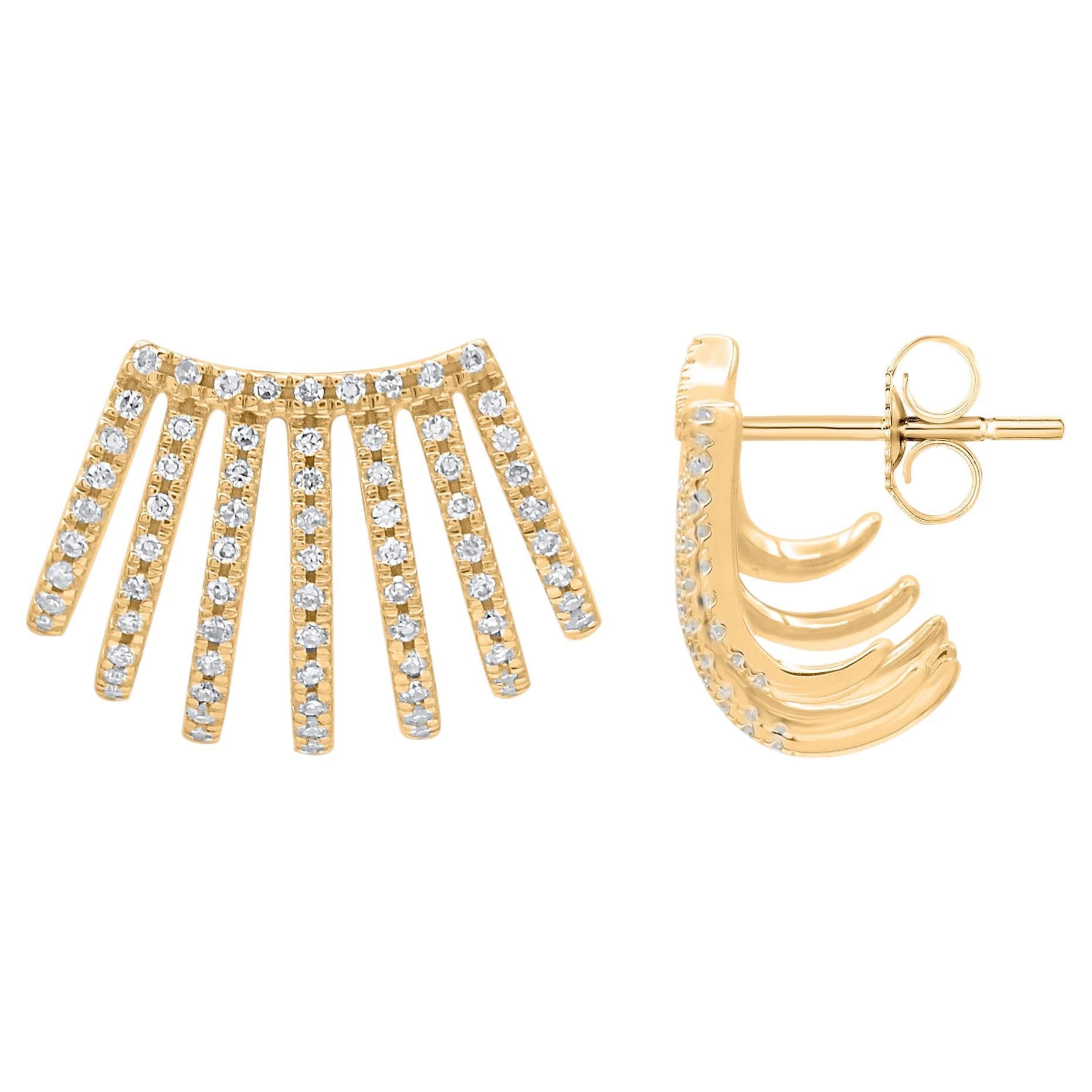 TJD 0.35 Carat Natural Round Diamond 18KT Yellow Gold Multi Line Stud Earrings