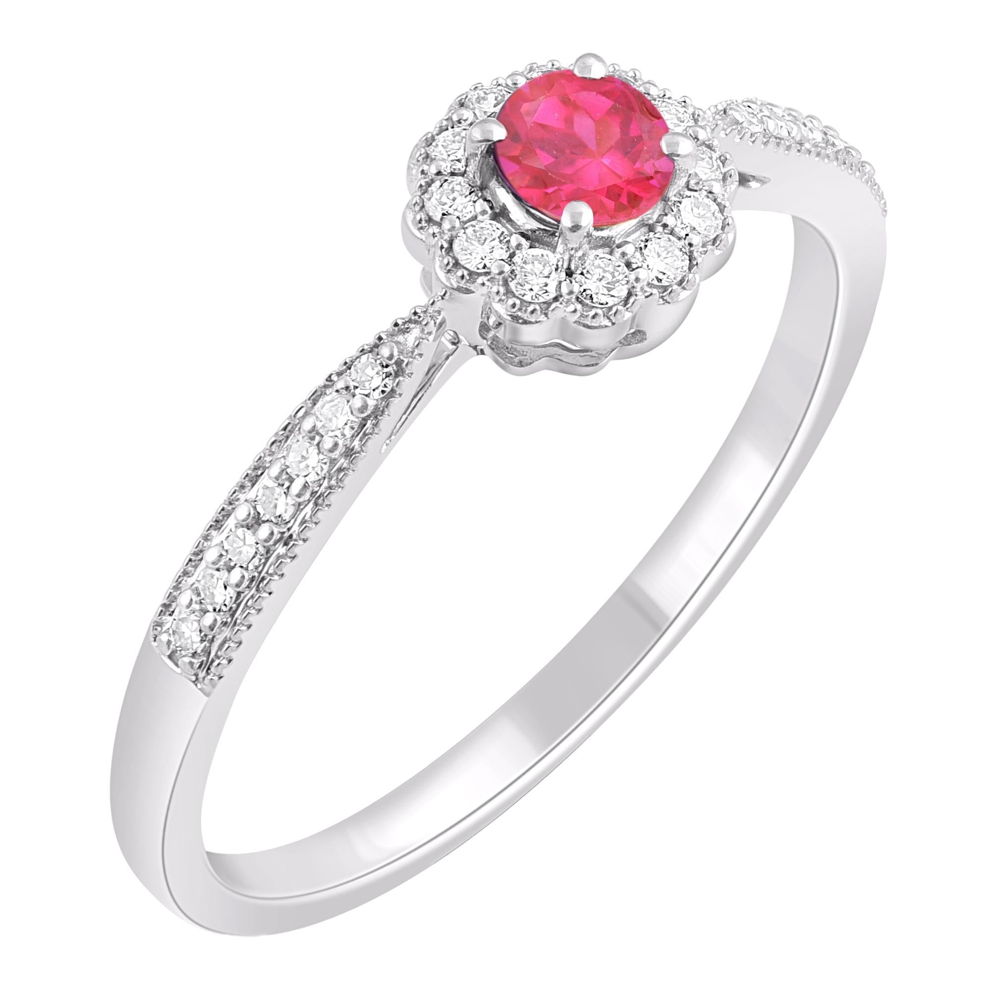 Contemporary TJD 0.35 Carat Natural Ruby and Diamond 14 Karat White Gold Halo Ring For Sale