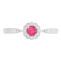 TJD 0.35 Carat Natural Ruby and Diamond Halo Ring 14K White Gold