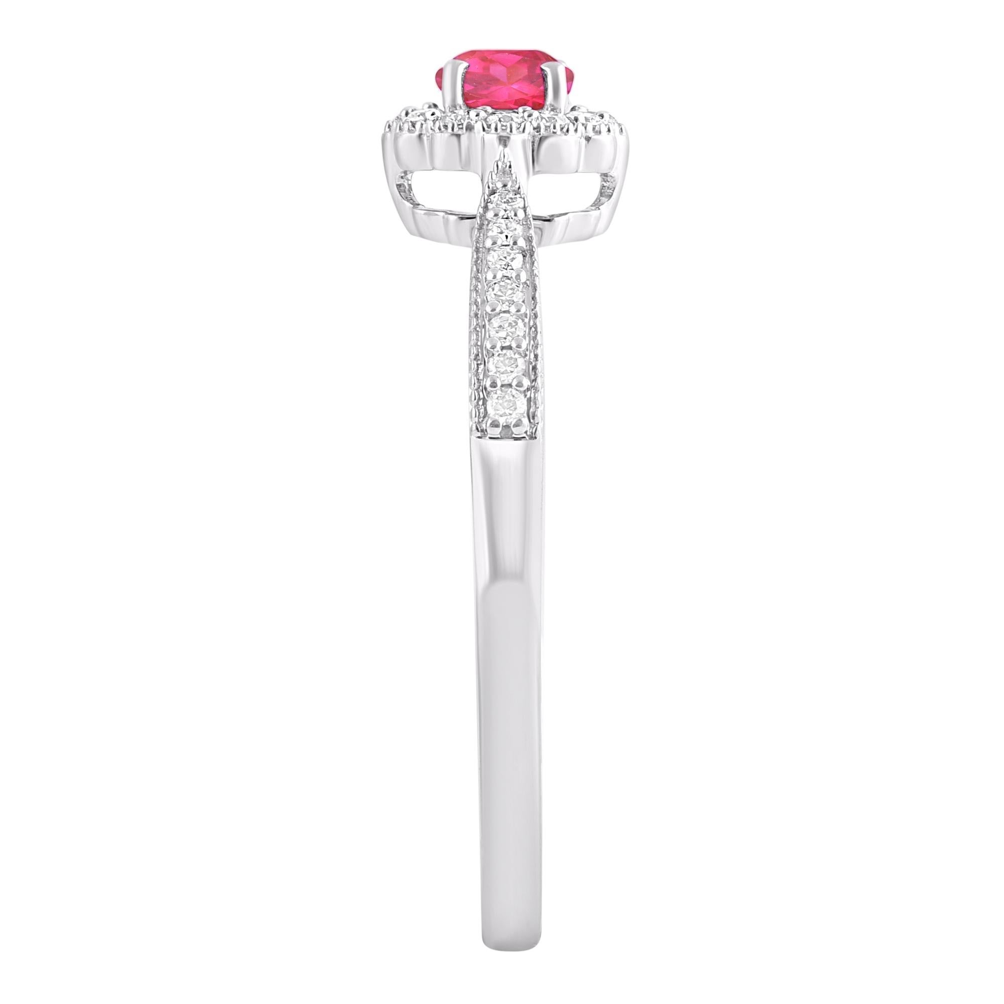 Round Cut TJD 0.35 Carat Natural Ruby and Diamond 14 Karat White Gold Halo Ring For Sale