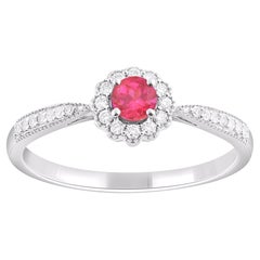 TJD Anillo Halo de Rubí Natural y Diamante de 0,35 Quilates y Oro Blanco de 14 Kilates