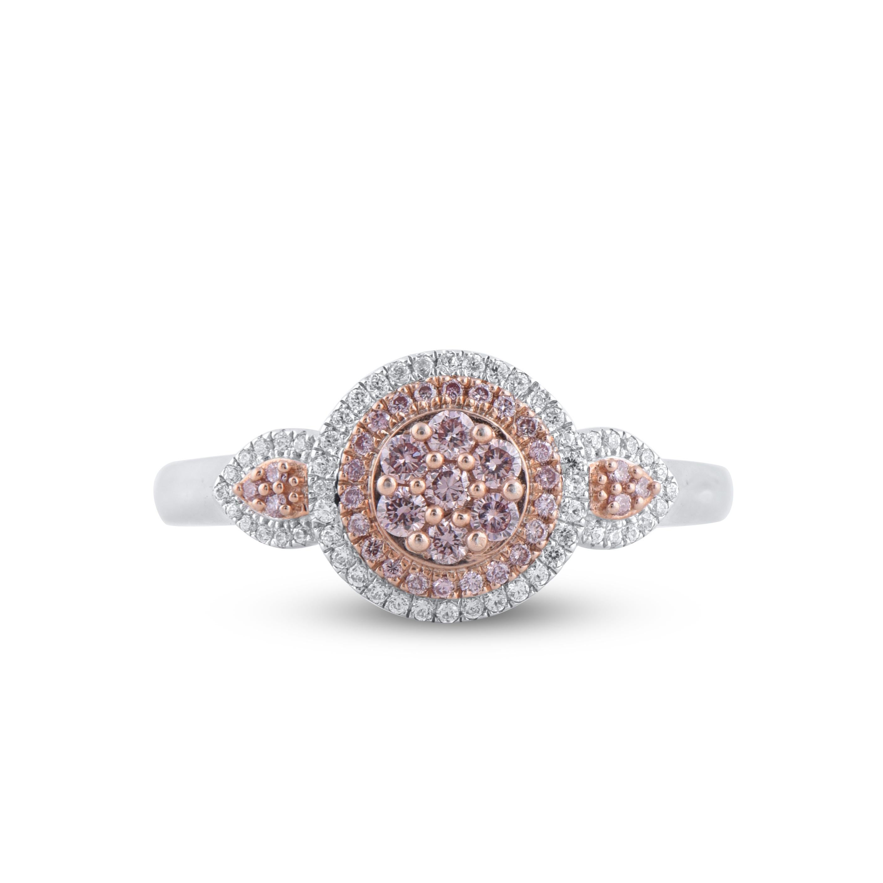 Round Cut TJD 0.35 Carat Nat. Pink Rosé & White Diamond 18 Karat 2-tone Gold Cluster Ring For Sale