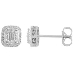 TJD Clous d'oreilles à cadre coussin en or blanc 14 carats avec diamants ronds et baguettes de 0,35 carat