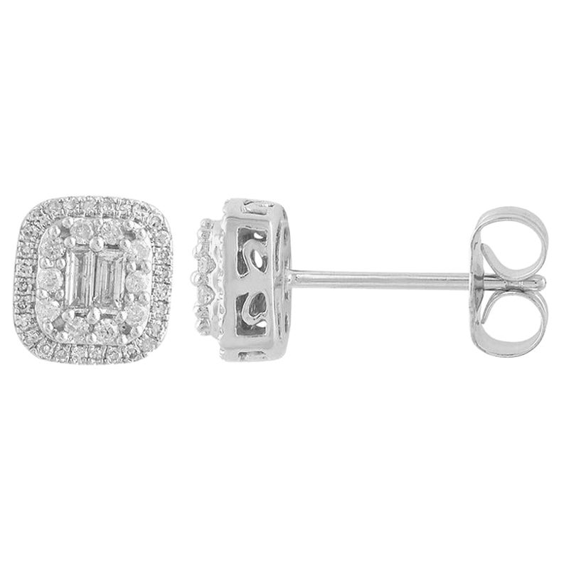 TJD 0.35 Carat Round/Baguette Diamond 14k White Gold Cushion Frame Stud Earrings