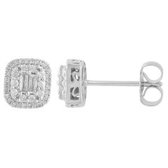 TJD 0.35 Carat Round/Baguette Diamond 14k White Gold Cushion Frame Stud Earrings