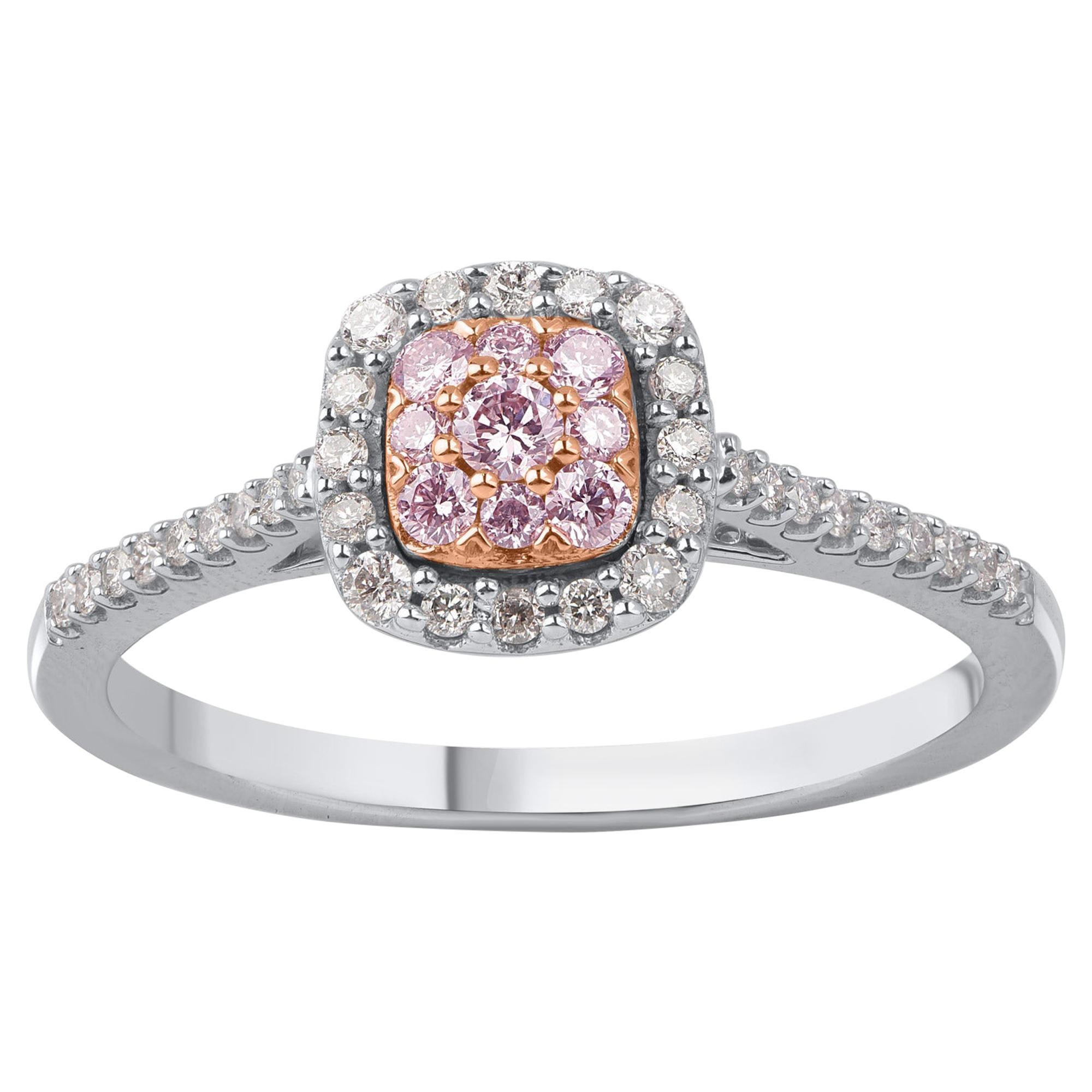 TJD IGICertified 0.35CT White&Nat.Pink Rosé Diamond 18K 2-Tone Gold Cluster Ring For Sale