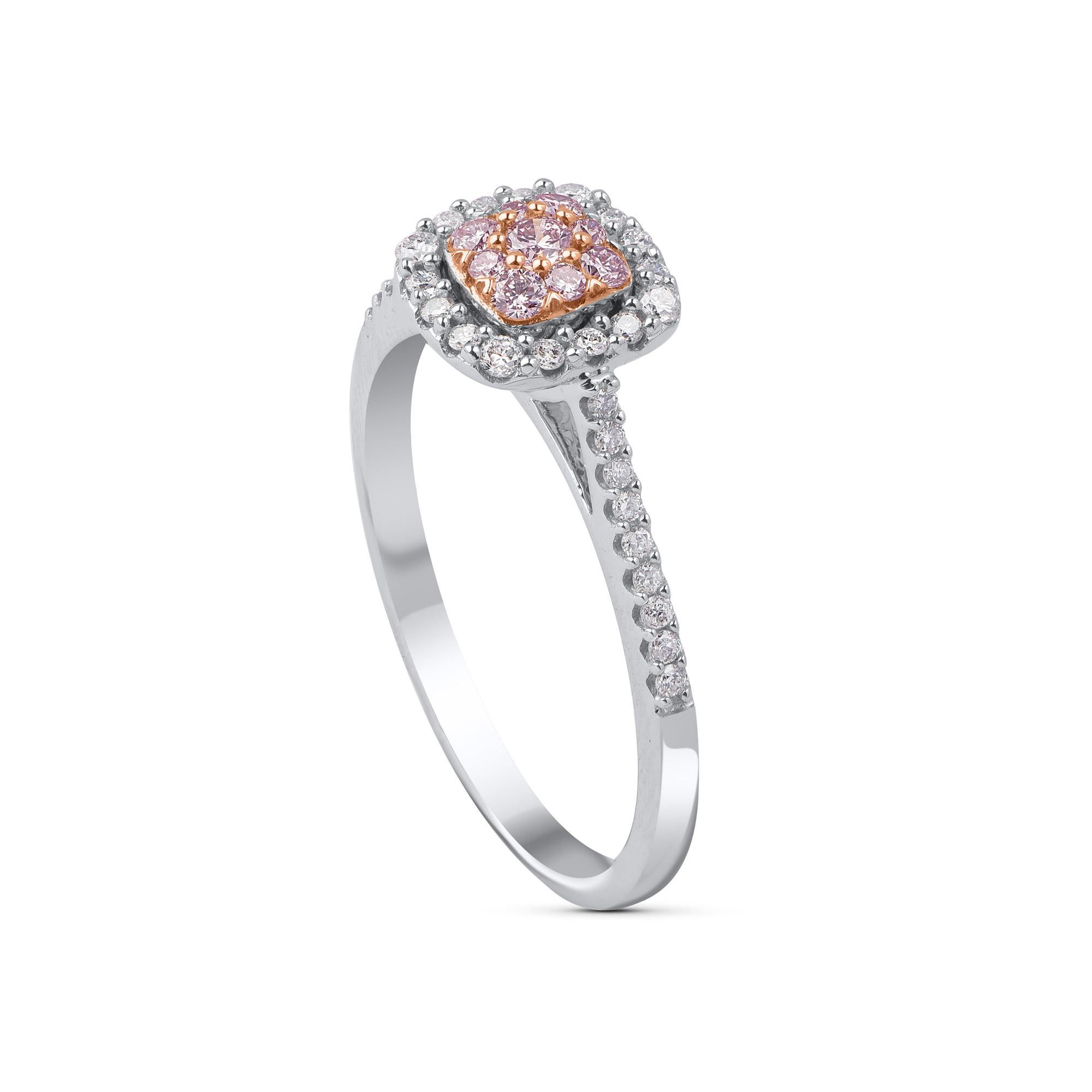 Add a touch of elegance with this diamond engagement ring. This designer ring is expertly hand-crafted in 18 kt white and rose gold and shimmering with 34 white and 9 natural pink rosé round-cut diamonds elegantly set in prong setting, H-I Color, I2