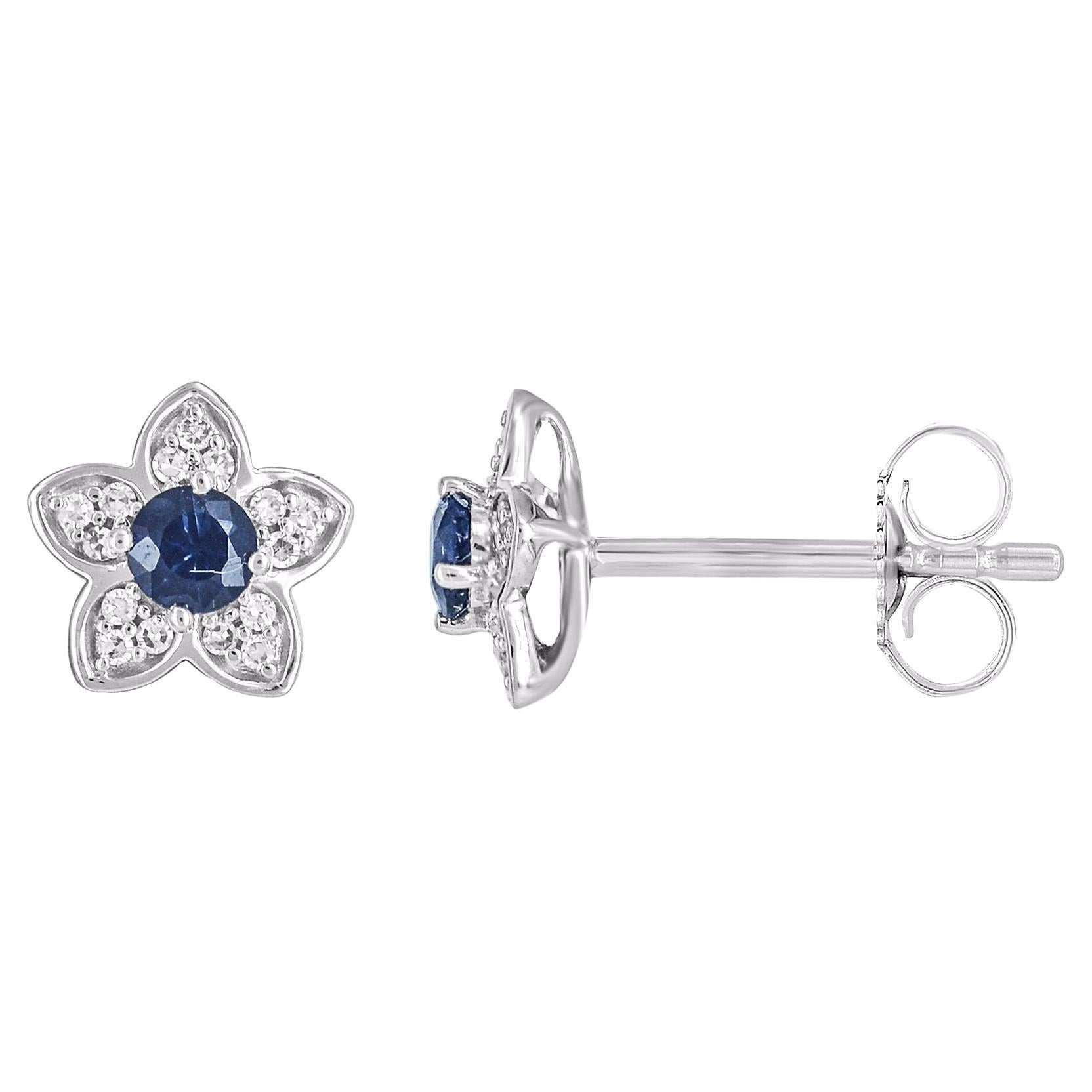 TJD Orecchini a fiore in oro bianco con diamante naturale e zaffiro blu da 0,37 carati in vendita