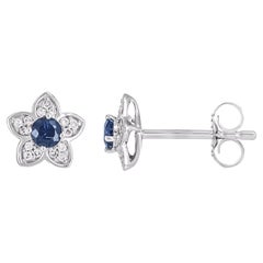 TJD 0.37 Carat Natural Diamond and Blue Sapphire White Gold Flower Stud Earrings