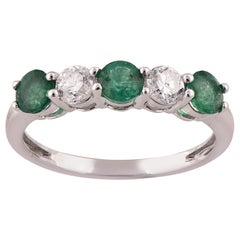 TJD 0.40 Carat 14 Karat White Gold Emerald and Diamond Five Stone Wedding Ring