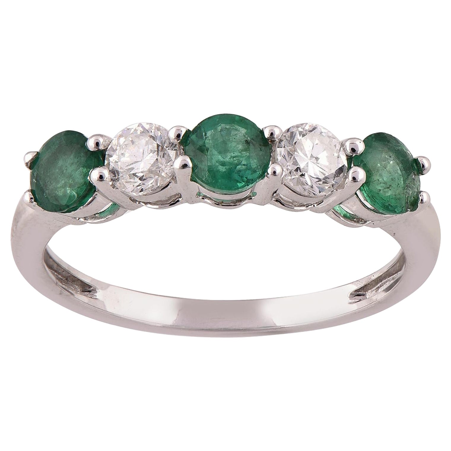 TJD 0.40 Carat 14 Karat White Gold Emerald and Diamond Five Stone Wedding Ring For Sale