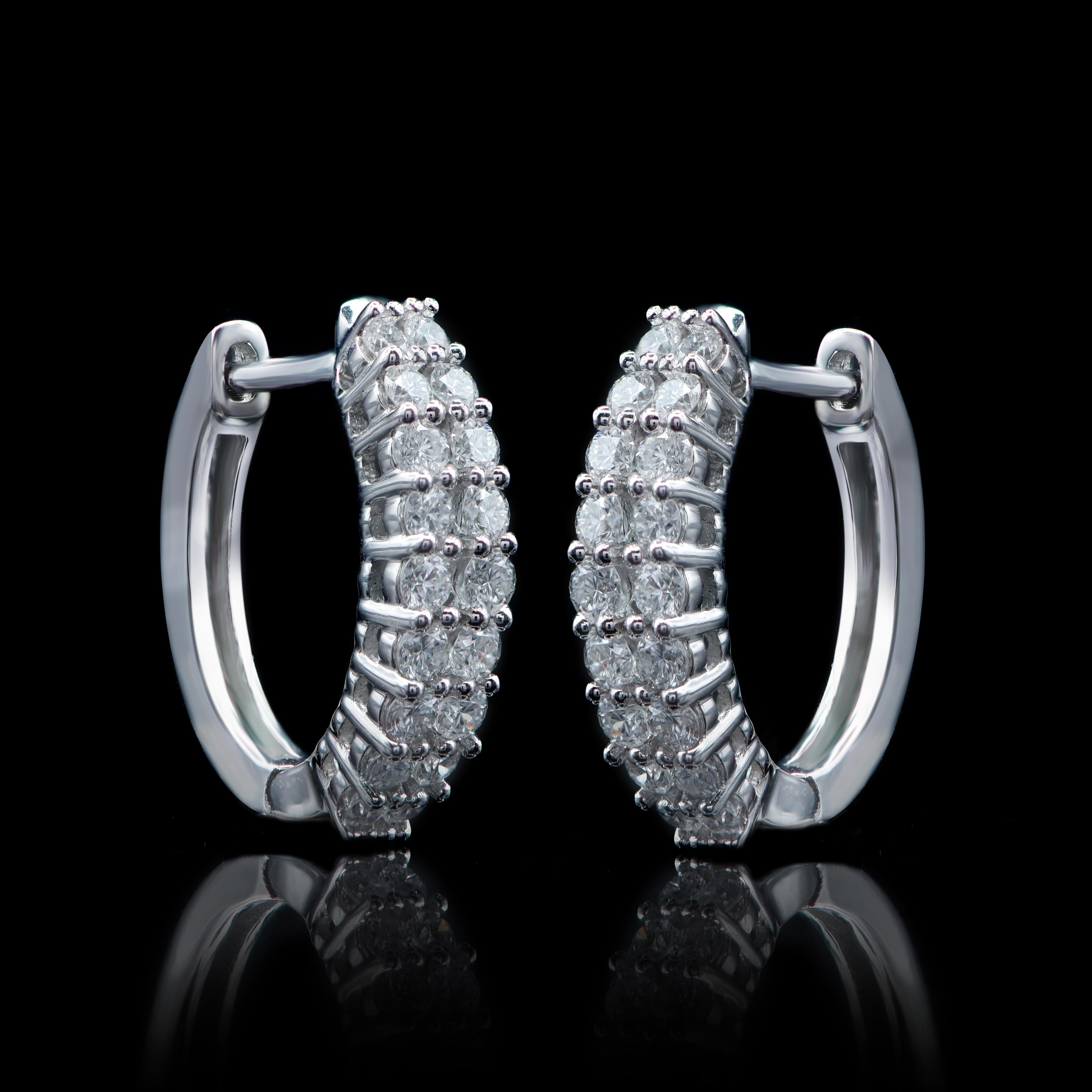 Contemporary TJD 0.40 Carat Double Row Diamond 18 Karat White Gold Classic Hoop Earrings For Sale