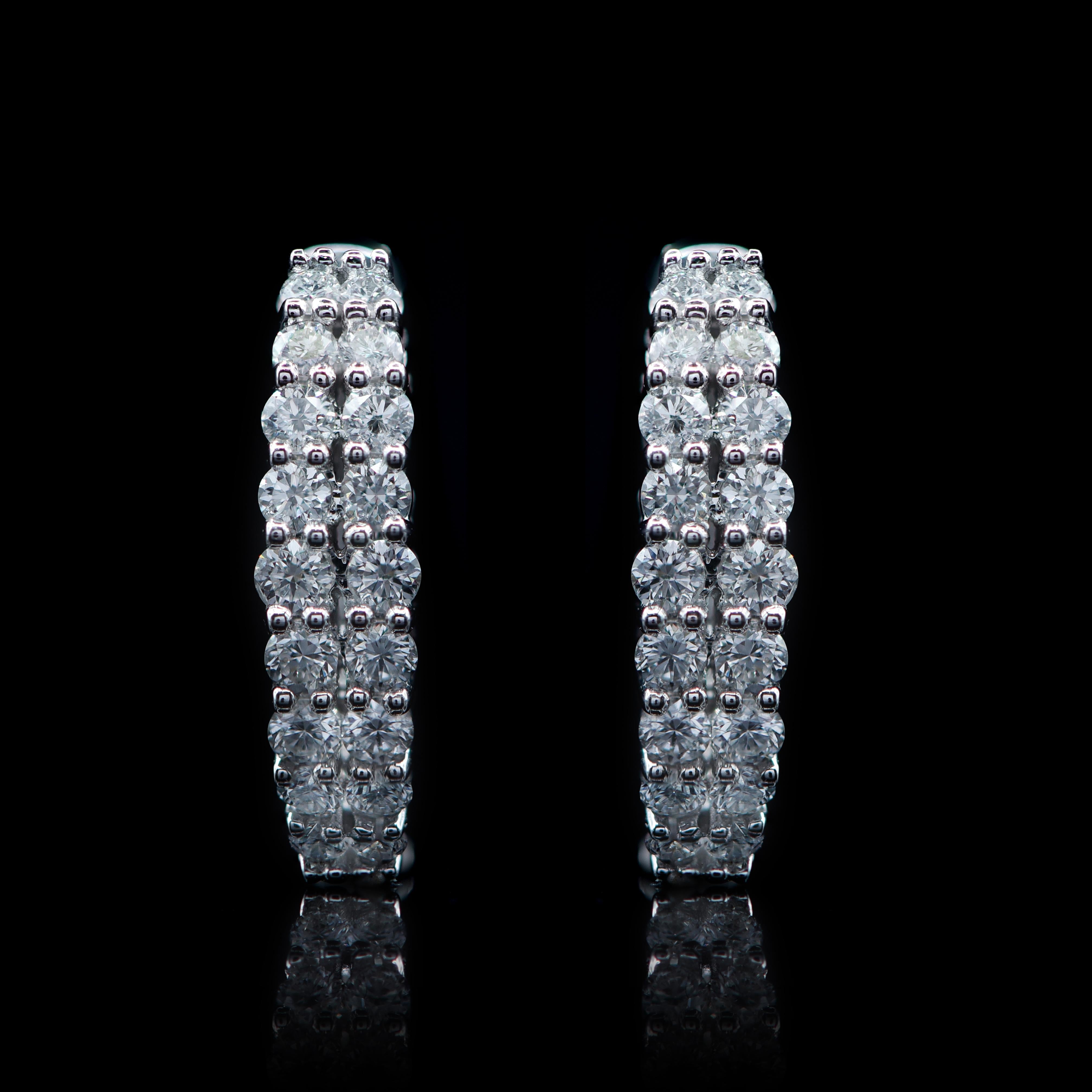 Round Cut TJD 0.40 Carat Double Row Diamond 18 Karat White Gold Classic Hoop Earrings For Sale