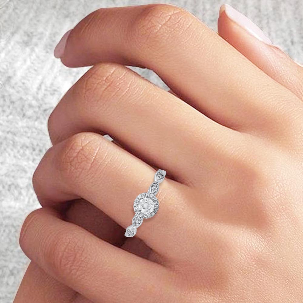 Round Cut TJD 0.40 Carat Natural Round Diamond Halo Engagement Ring in 14 Karat White Gold For Sale