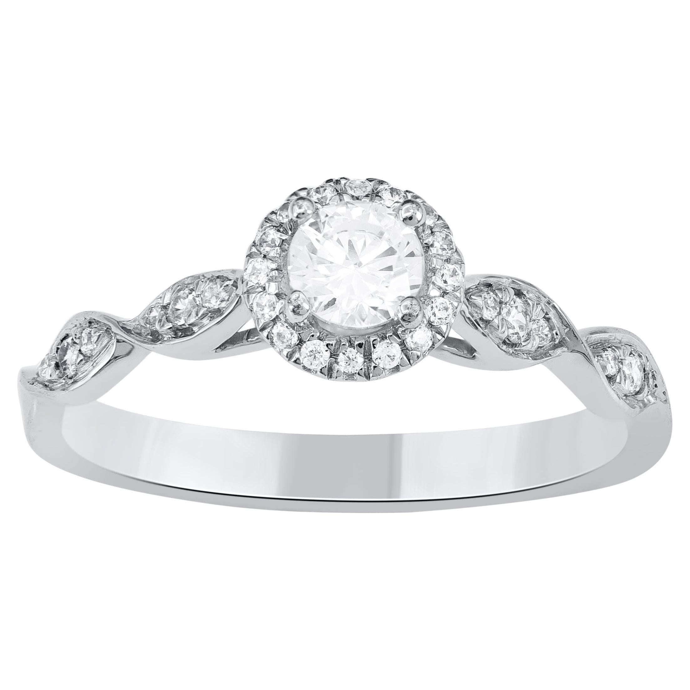 TJD 0.40 Carat Natural Round Diamond Halo Engagement Ring in 14 Karat White Gold