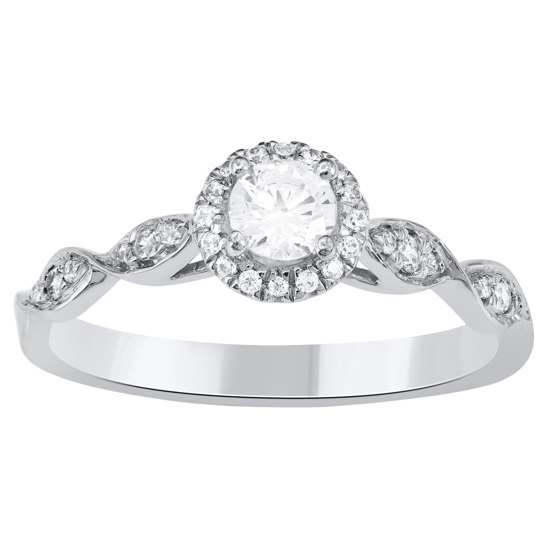 TJD Anillo de compromiso con halo de diamantes redondos naturales de 0,40 quilates en oro blanco de 14 quilates
