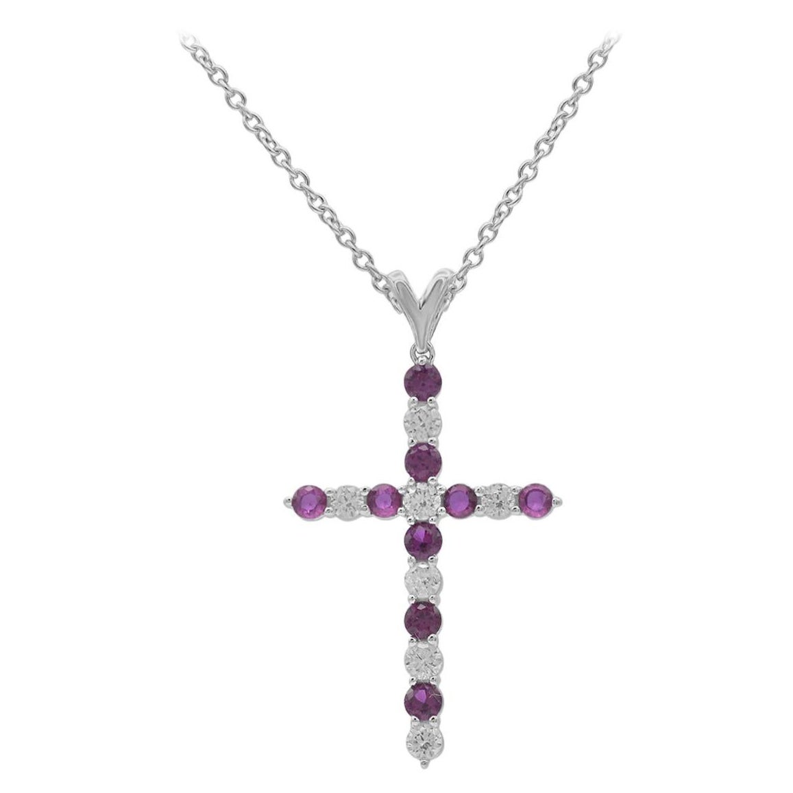 TJD 0.44 Carat Nat Ruby and Round Diamond 14K White Gold Religious Cross Pendant For Sale