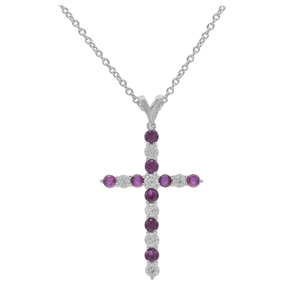 TJD 0.44 Carat Nat Ruby and Round Diamond 14K White Gold Religious Cross Pendant For Sale