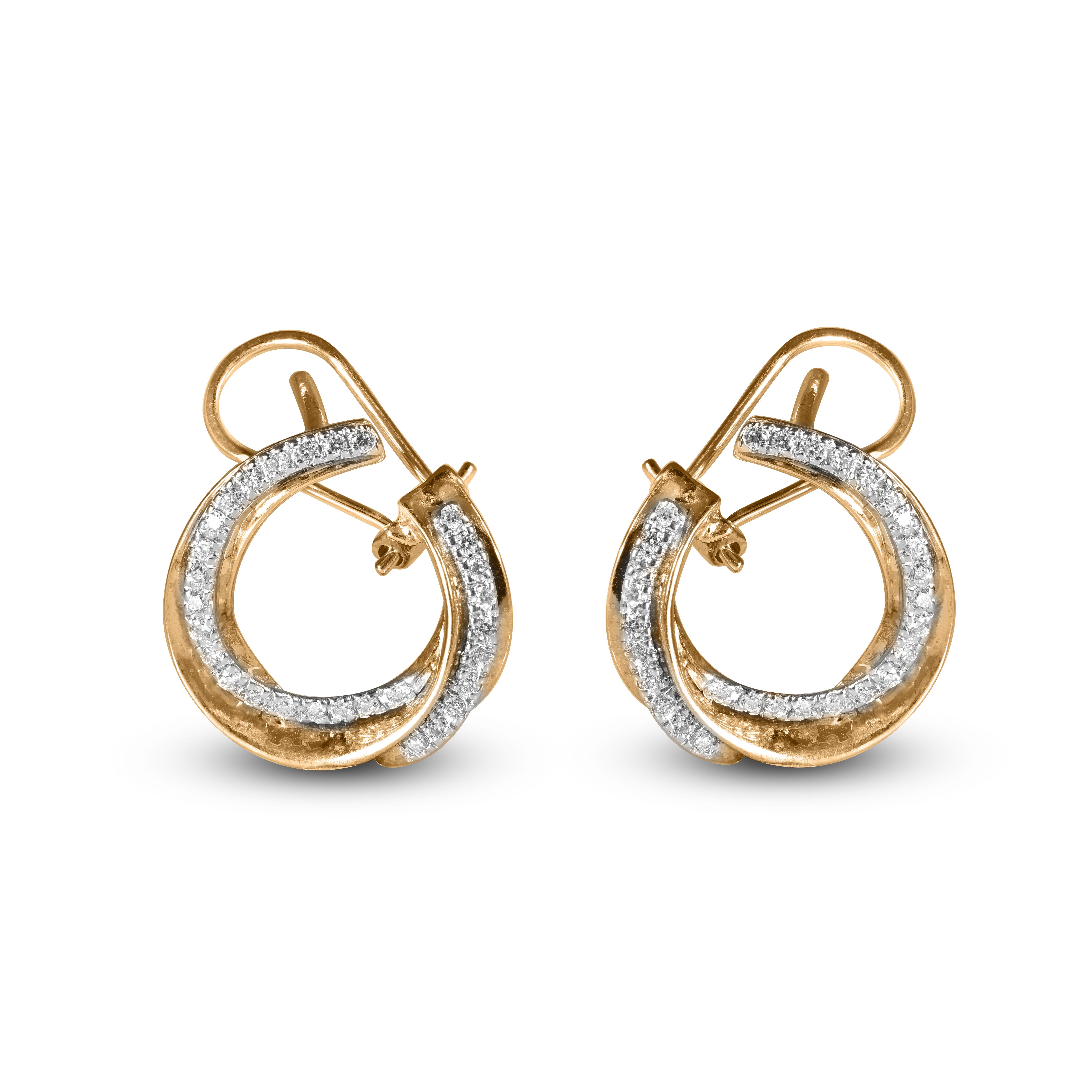 These exquisite design diamond curve hoop earrings offer beauty equaled only to her own. These earrings feature 58 round-cut diamond set in prong setting and fashioned in 18 Karat Yellow Gold. These timeless hoop earrings  secure comfortably with