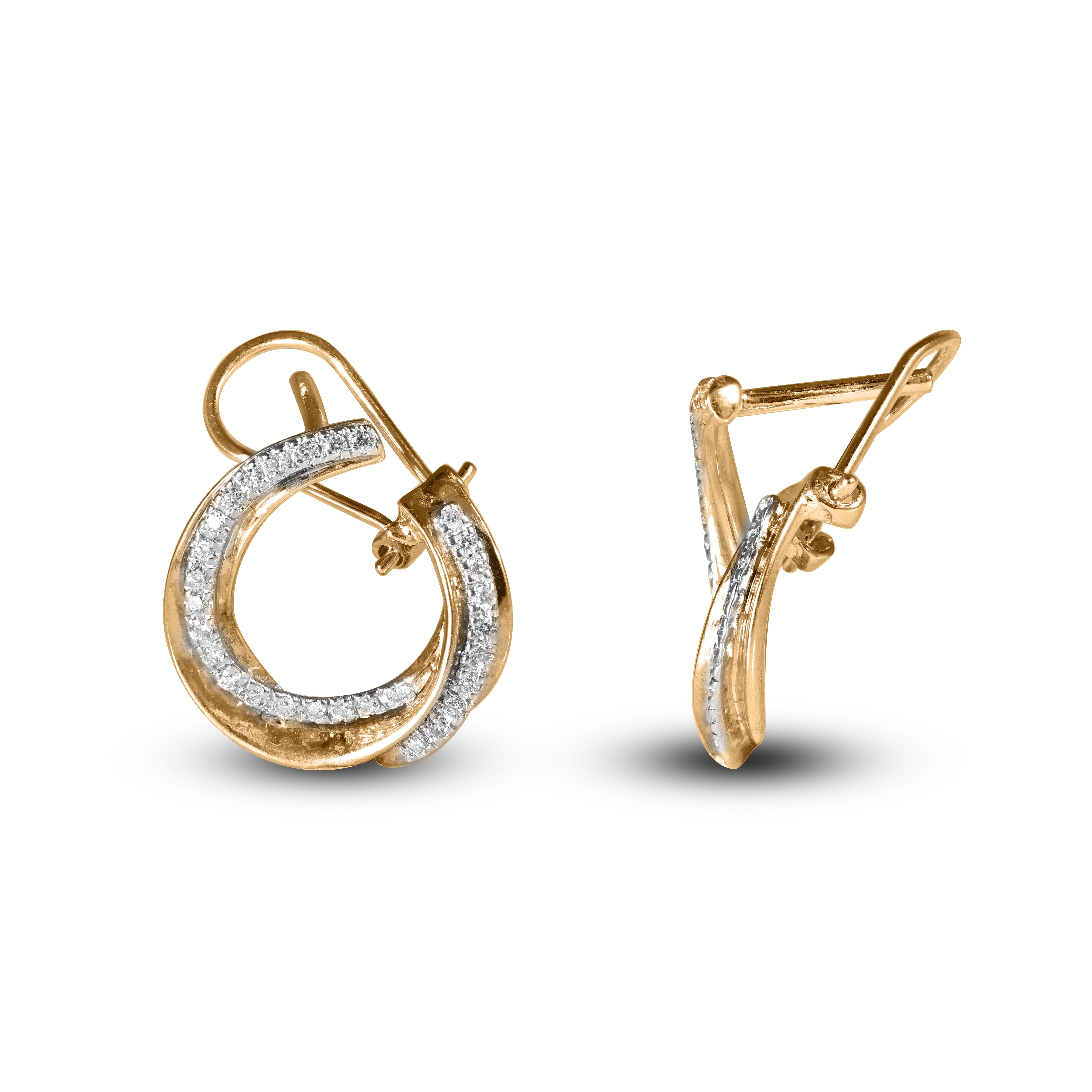 These exquisite design diamond Circular earrings offer beauty equaled only to her own. These earrings feature 58 brilliant cut diamond set in prong setting. These timeless earrings secure comfortably with post back and omega clip. The total diamond