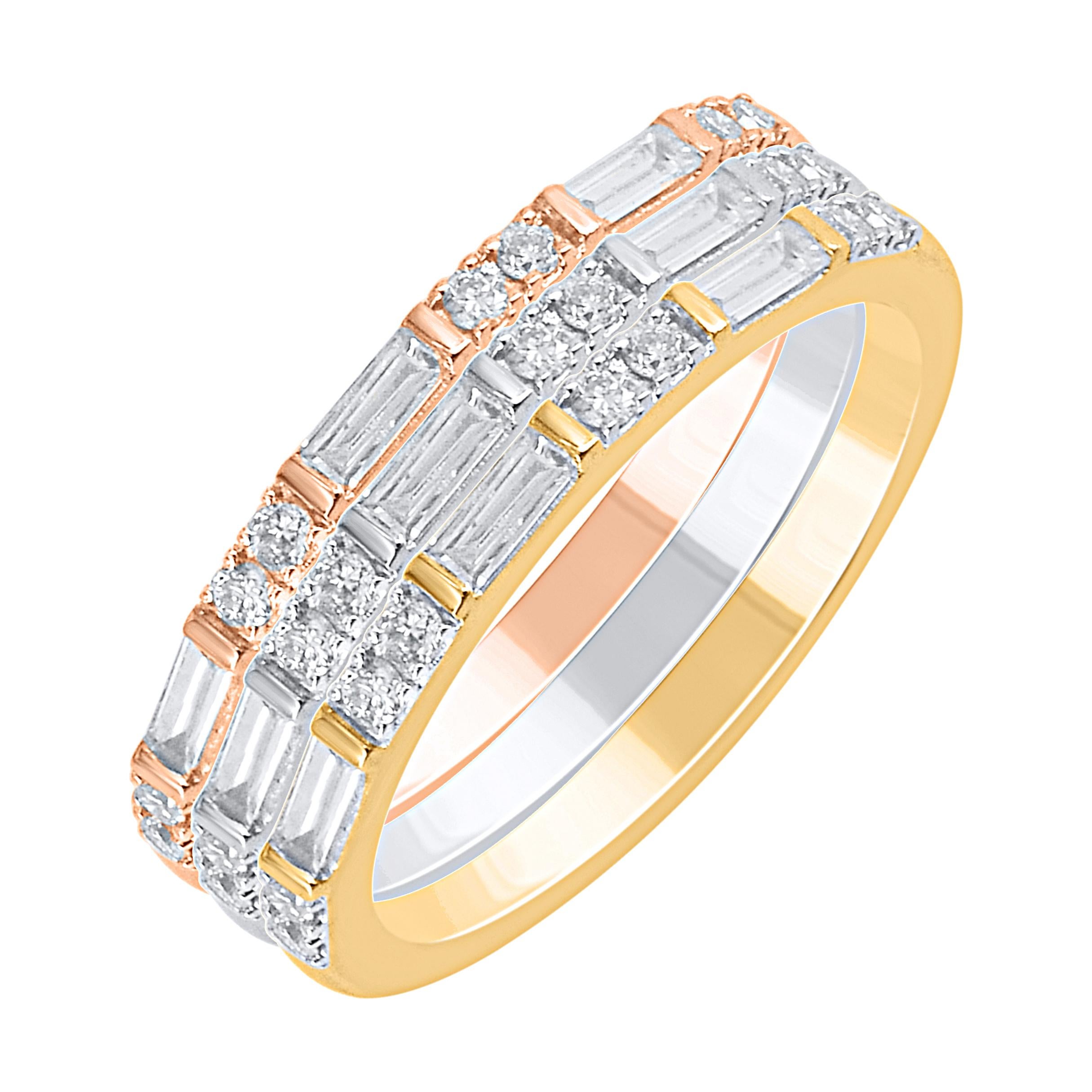 Contemporary TJD 0.45 Carat Diamond Three Piece Stackable Band Set in 14 Karat Tri-Tone Gold For Sale