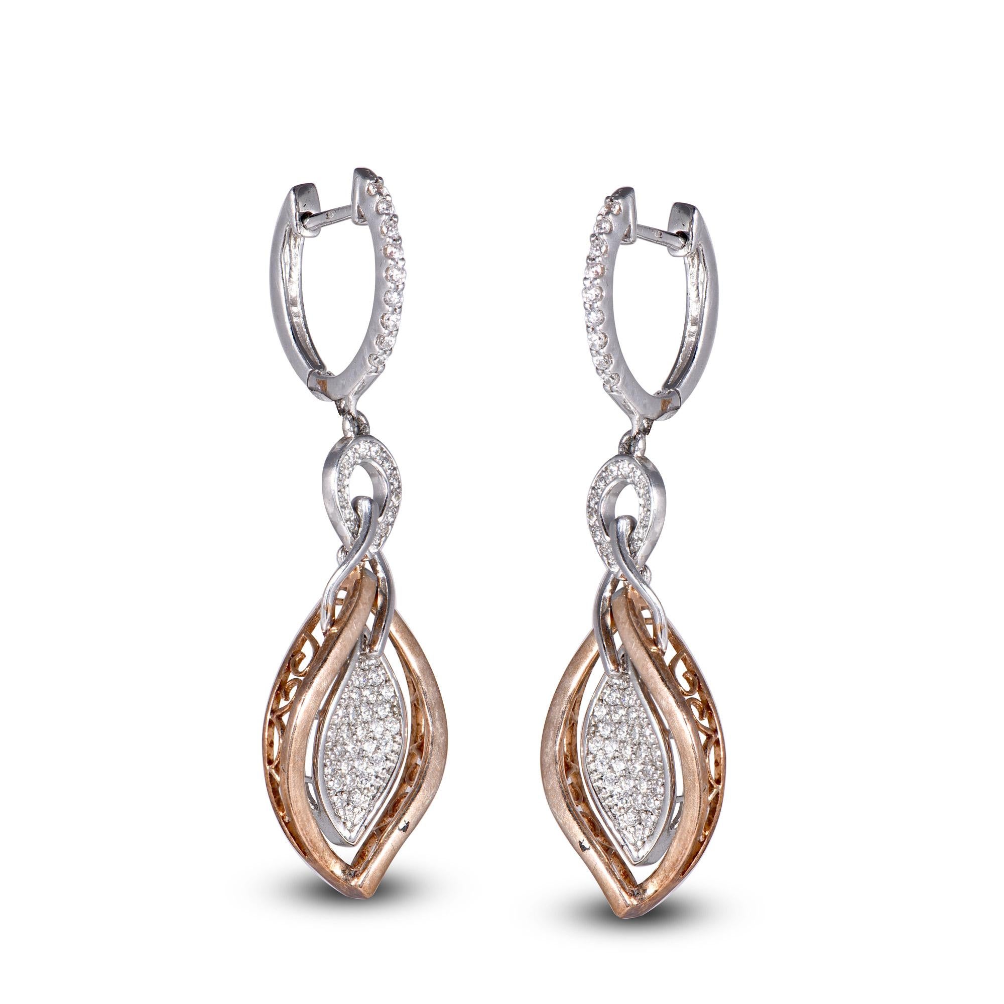 Round Cut TJD 0.45 Carat Round Diamond 18K 2 Tone Gold Leaf Shape Drop Dangling Earrings For Sale
