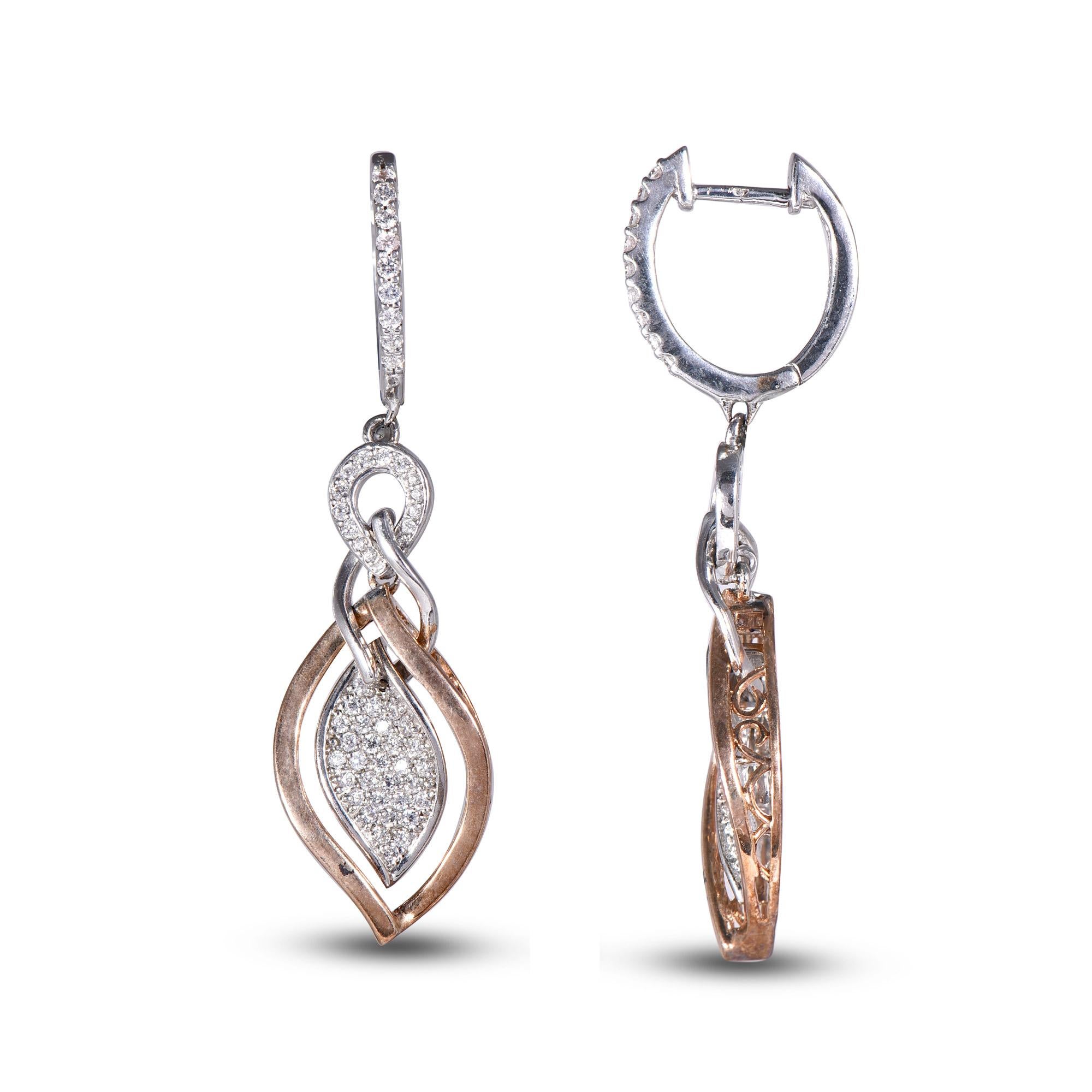 TJD 0.45 Carat Round Diamond 18K 2 Tone Gold Leaf Shape Drop Dangling Earrings In New Condition For Sale In New York, NY