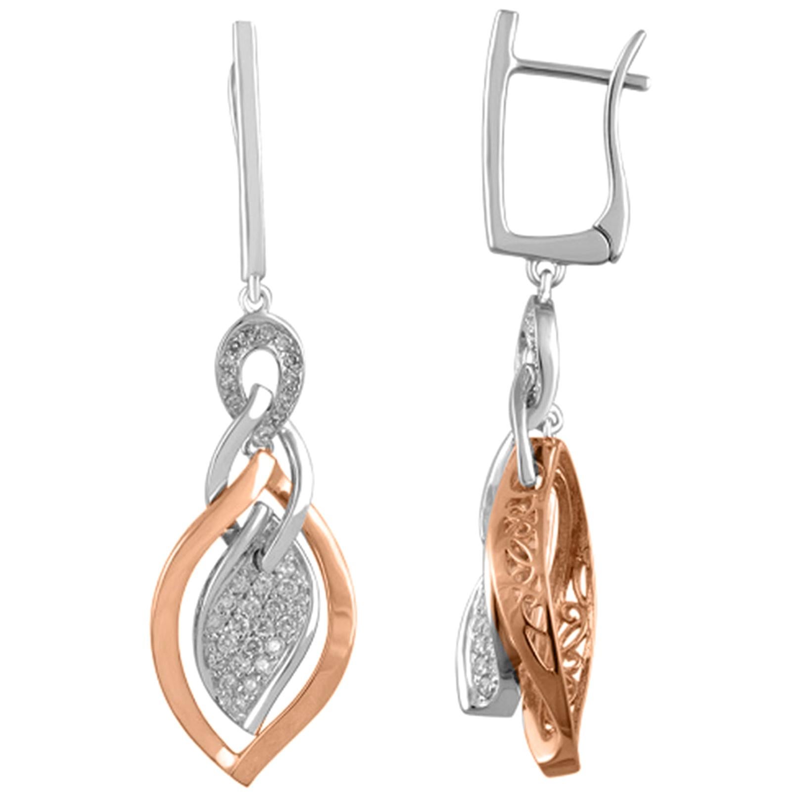 TJD 0.45 Carat Round Diamond 18K 2 Tone Gold Leaf Shape Drop Dangling Earrings For Sale