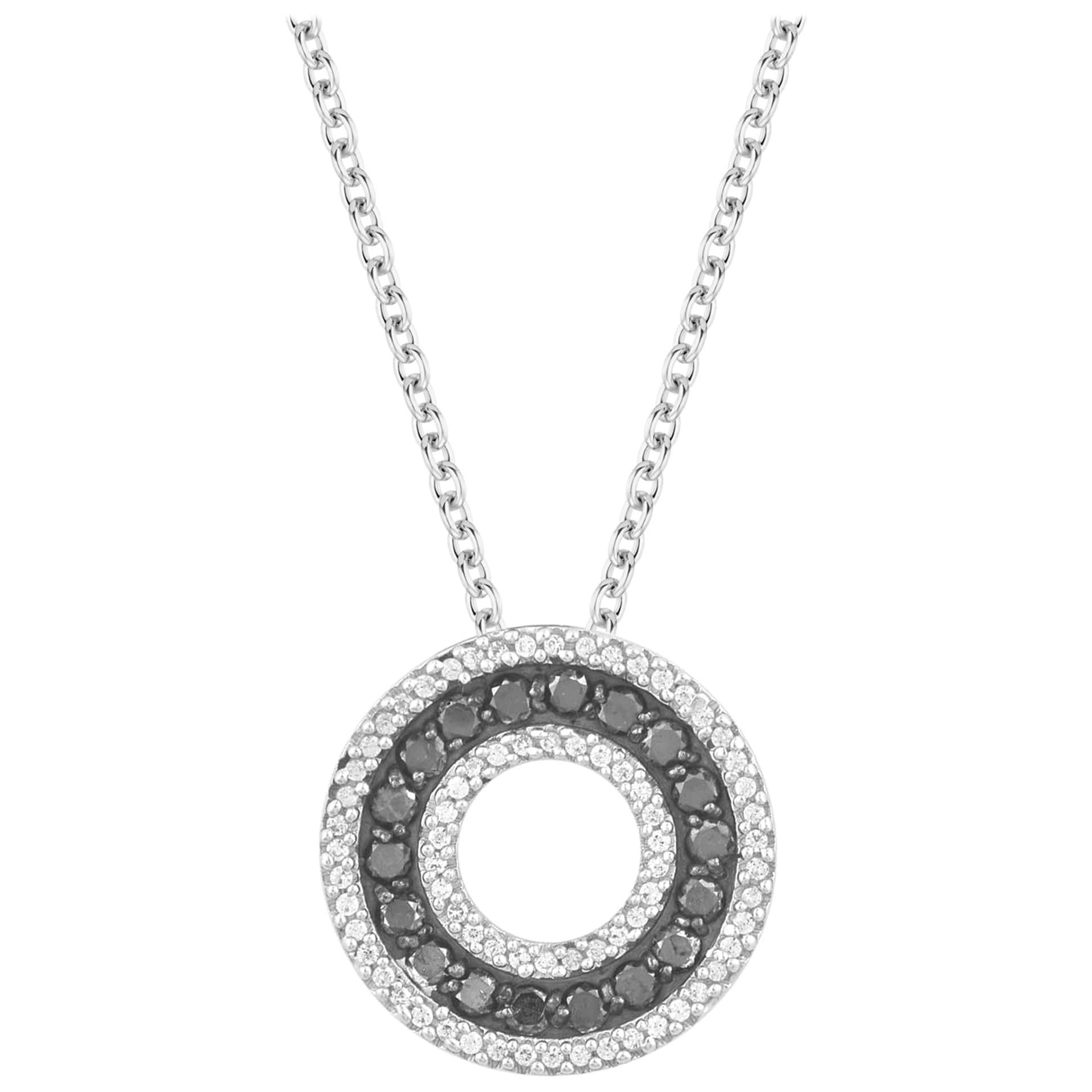 TJD Collier à pendentif cercle en or blanc 14 carats avec diamants noirs et blancs de 0,45 carat en vente