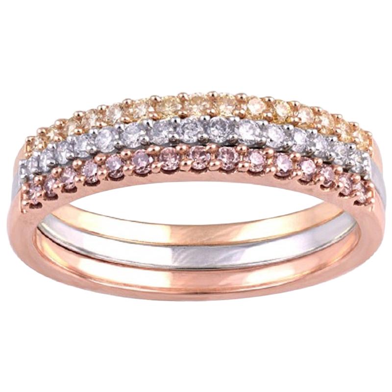 TJD 0.45 Ct Natural Pink Rosé & White Diamond 14K Tri-Color Gold Stackable Band