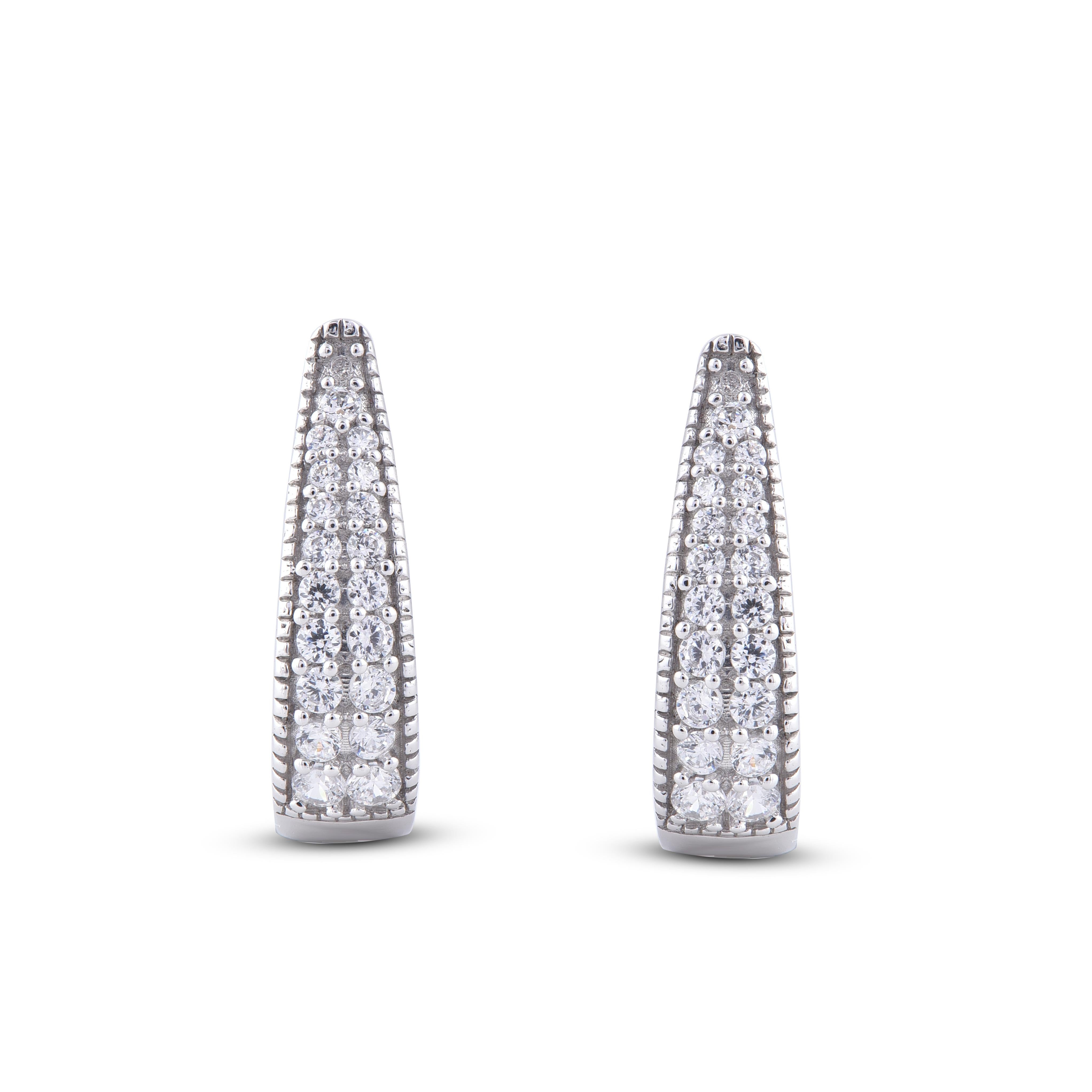 A sparkling delight, these diamond earrings fit her charming aesthetic. Embellished in 14 karat white Gold with 40 round diamond set in pave setting, and dazzles with H-I color I2 clarity. Captivating with 0.50 Carat and secures comfortably with