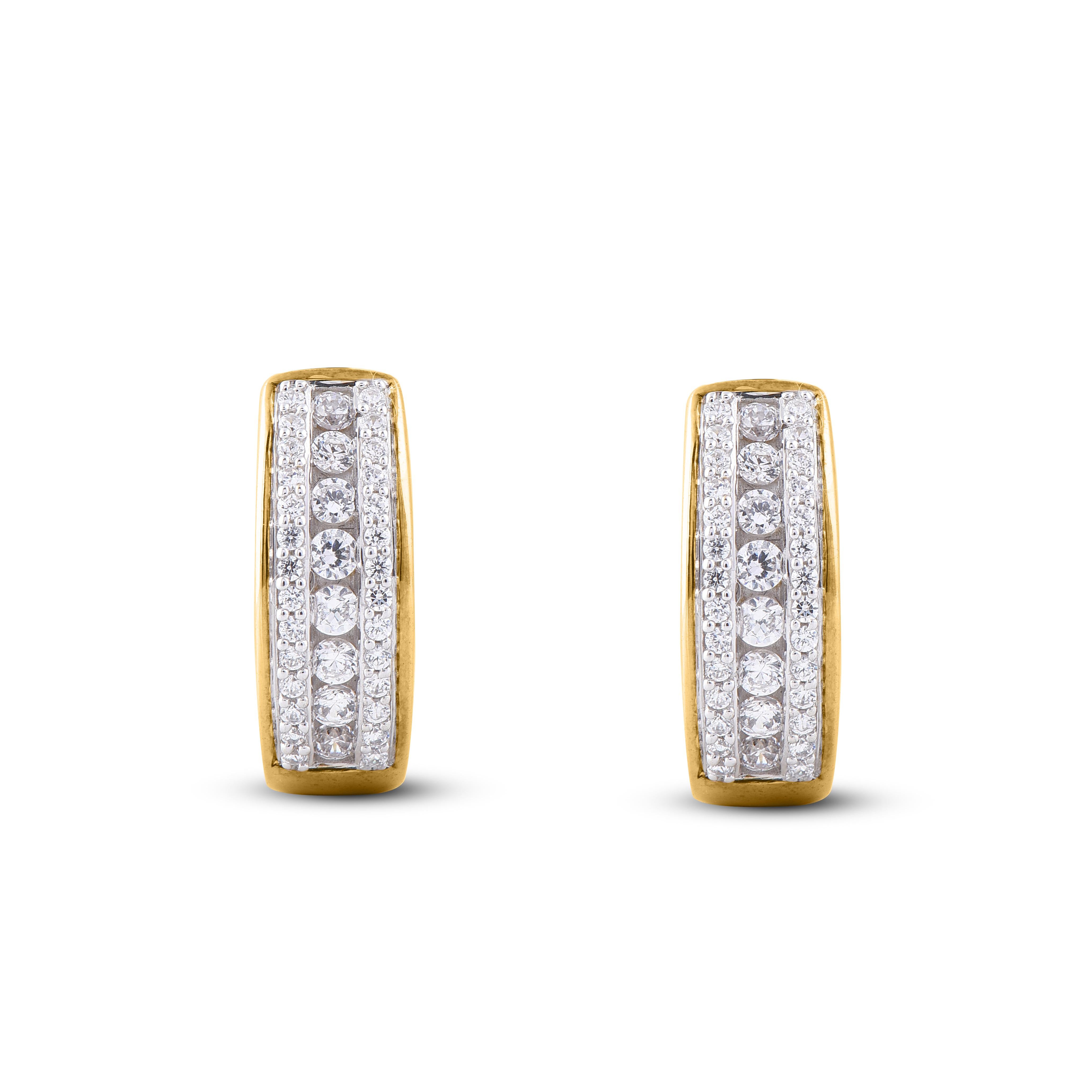 Just her style, these sparkling diamond huggie hoop earrings are certain to dazzle and delight. Crafted in  14 karat yellow gold, it features with 72 round diamonds in H-I color I2 clarity and set in prong set.. Captivating with 0.50 carat of