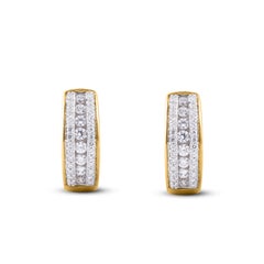 TJD 0.50 Carat 14 Karat Yellow Gold 3 Row Diamond Huggie Hoop Earrings
