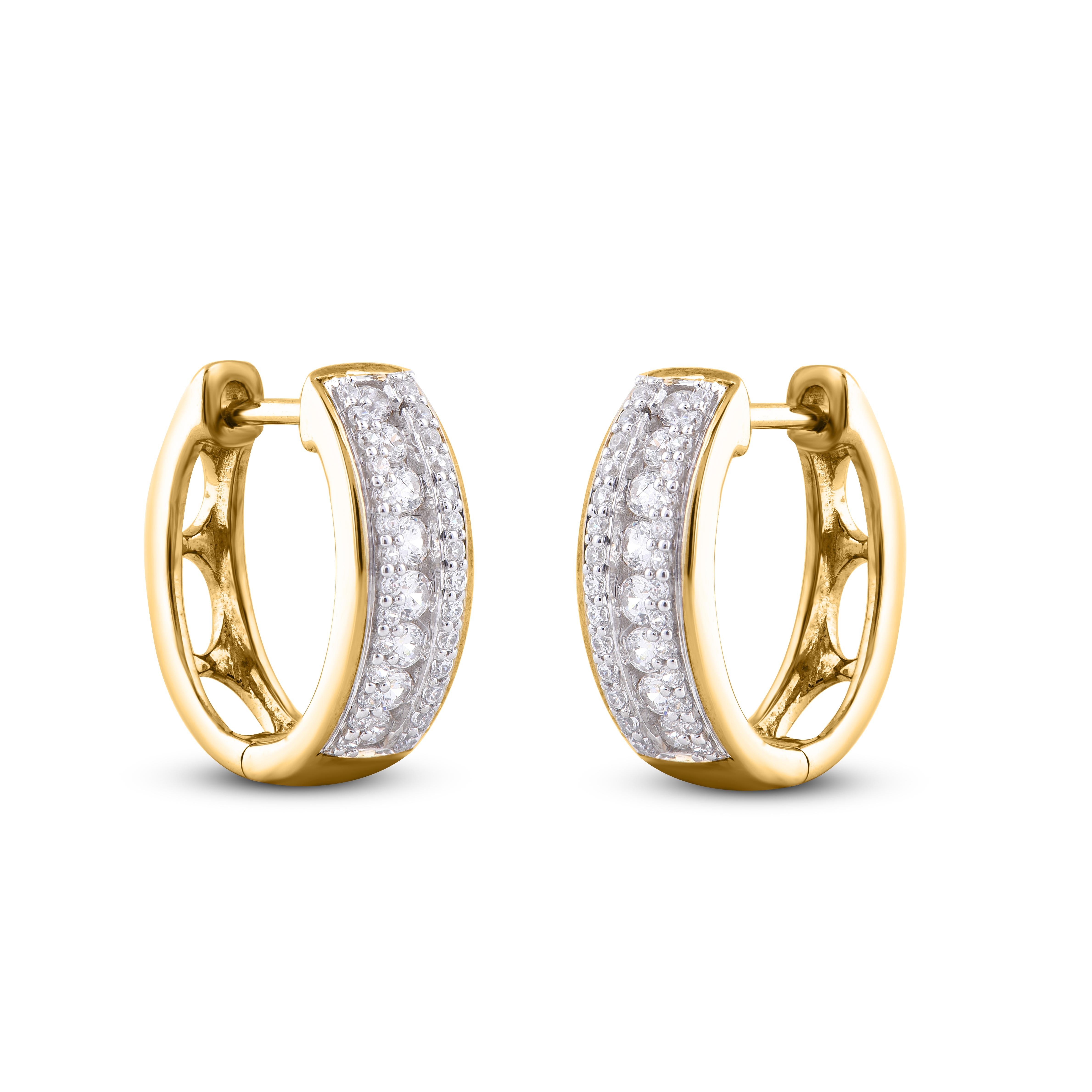 Contemporary TJD 0.50 Carat 14 Karat Yellow Gold 3 Row Diamond Huggie Hoop Earrings For Sale