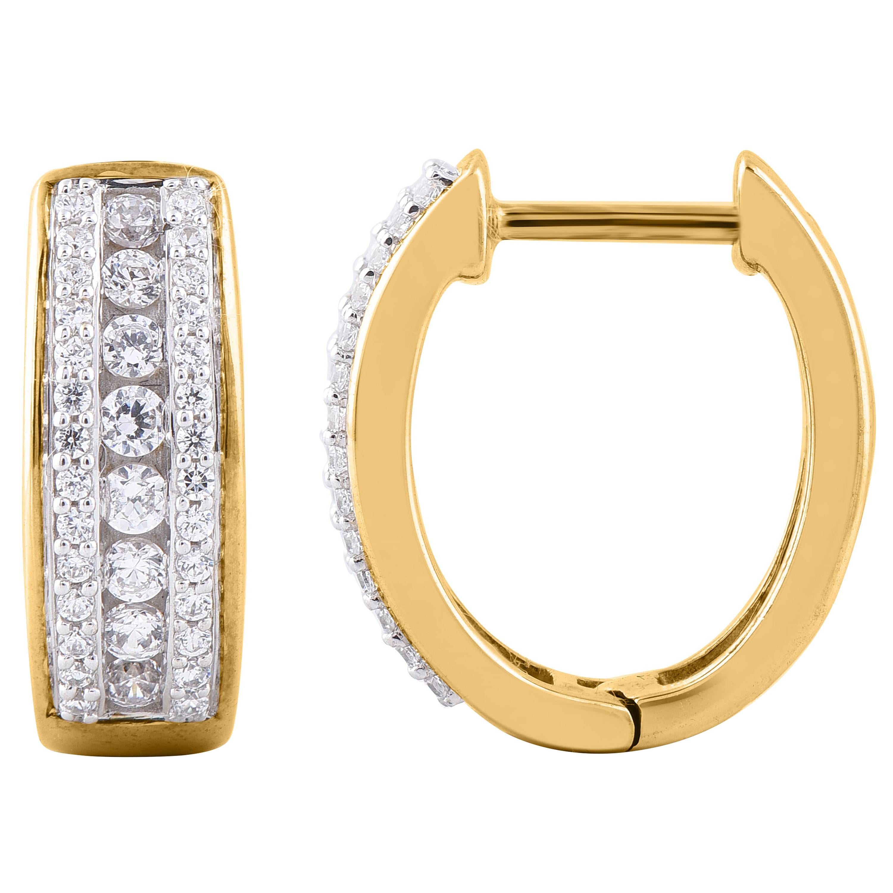 TJD 0.50 Carat 14 Karat Yellow Gold 3 Row Diamond Huggie Hoop Earrings For Sale