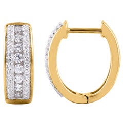TJD 0.50 Carat 14 Karat Yellow Gold 3 Row Diamond Huggie Hoop Earrings