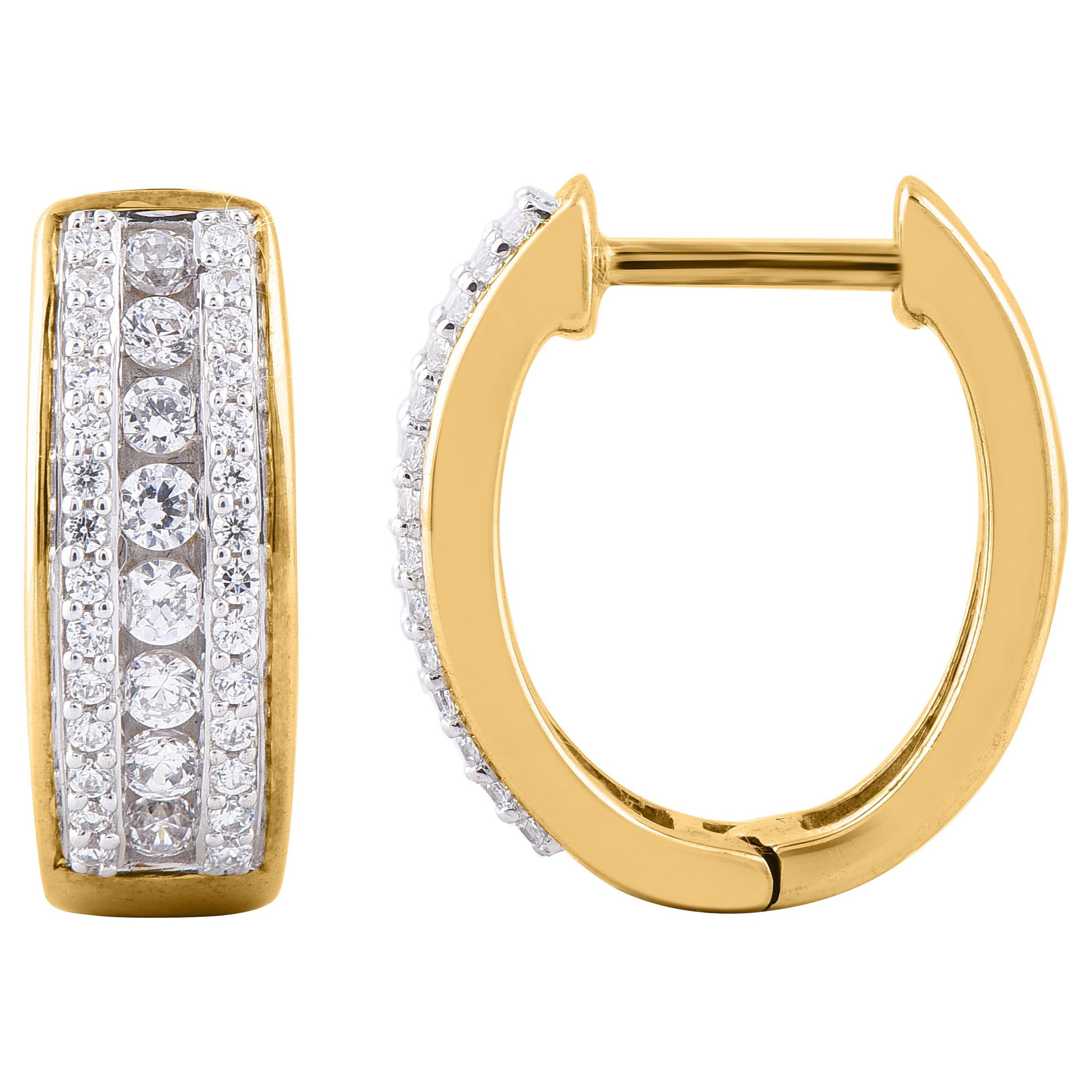TJD 0.50 Carat 14 Karat Yellow Gold 3 Row Diamond Huggie Hoop Earrings