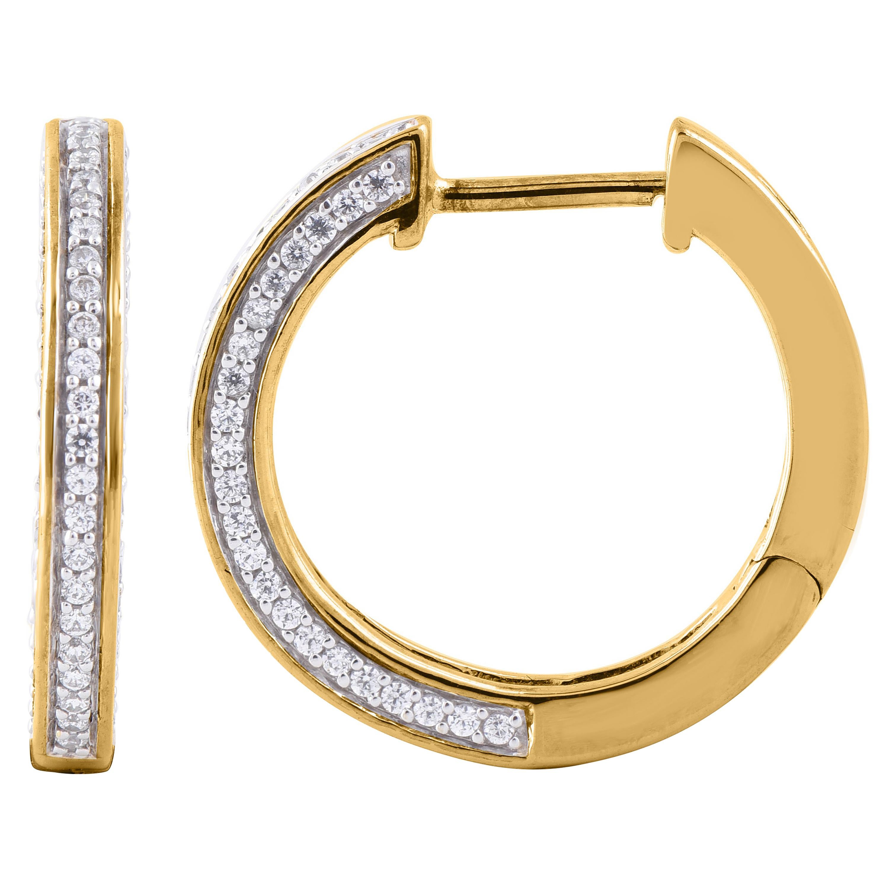 TJD 0.50 Carat 14 Karat Yellow Gold Round Diamond 3 Side Row Huggie Earrings