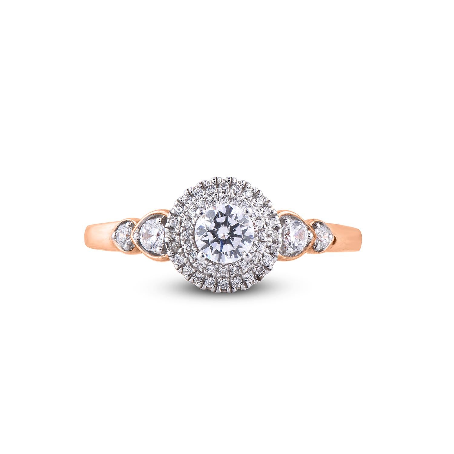 Art déco Bague de fiançailles double halo en or rose 18 carats avec diamants ronds de 0,50 carat TJD en vente