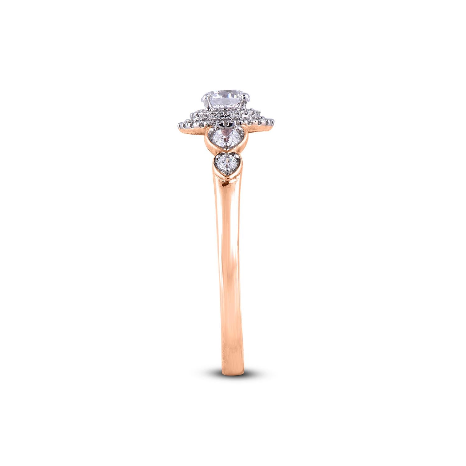 TJD 0.50 Carat 18 Karat Round Diamond Rose Gold Double Halo Engagement Ring In New Condition For Sale In New York, NY