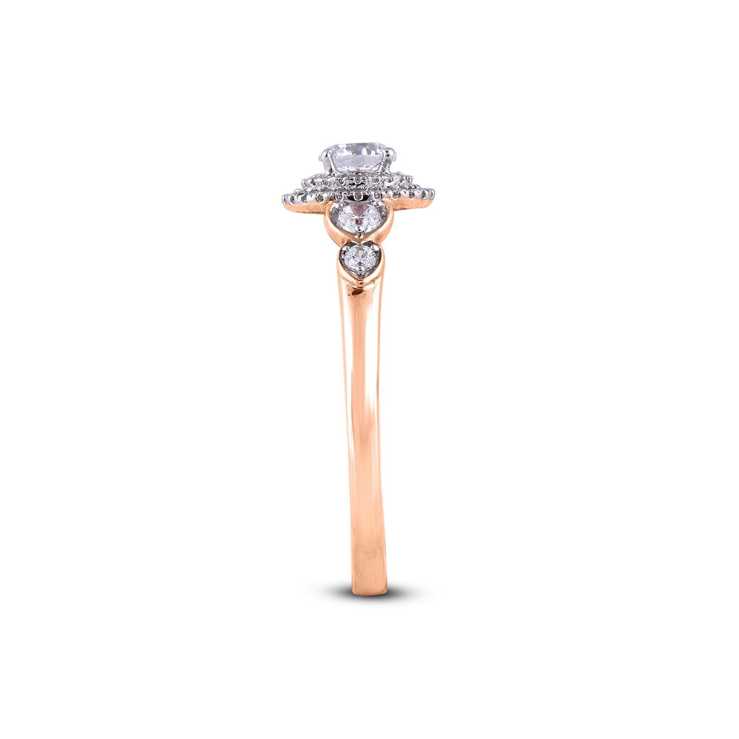 Taille ronde Bague de fiançailles double halo en or rose 18 carats avec diamants ronds de 0,50 carat TJD en vente