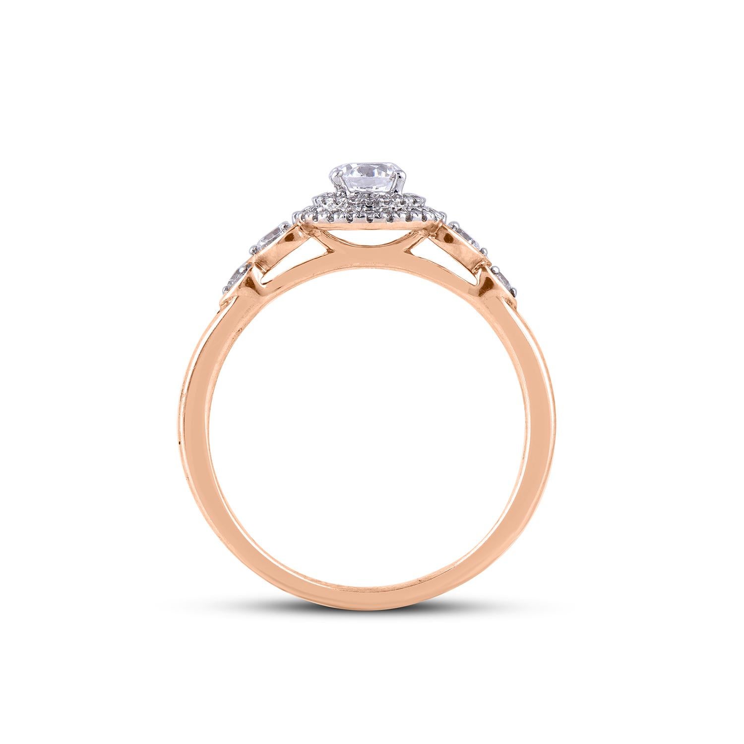Women's TJD 0.50 Carat 18 Karat Round Diamond Rose Gold Double Halo Engagement Ring For Sale