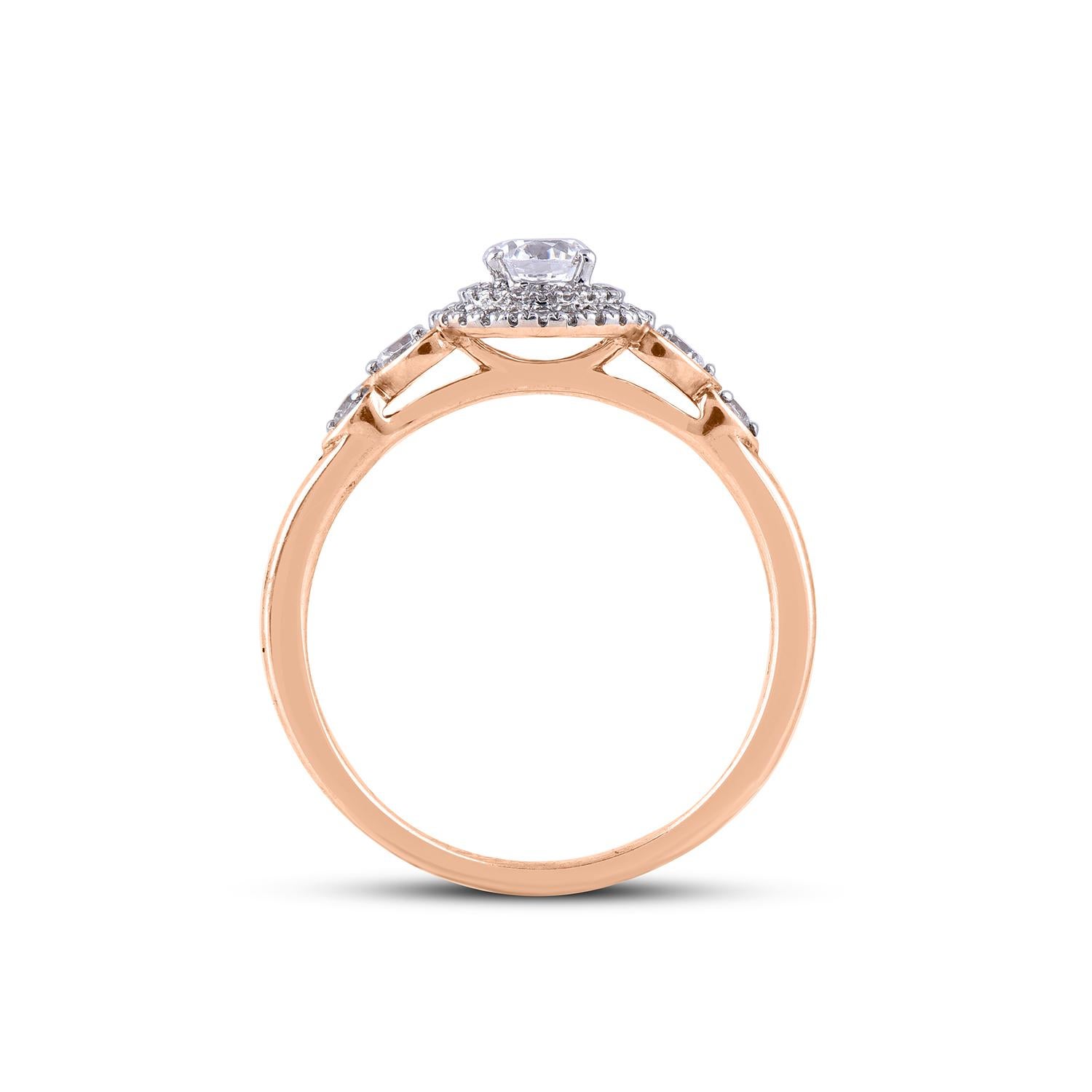 Bague de fiançailles double halo en or rose 18 carats avec diamants ronds de 0,50 carat TJD Neuf - En vente à New York, NY