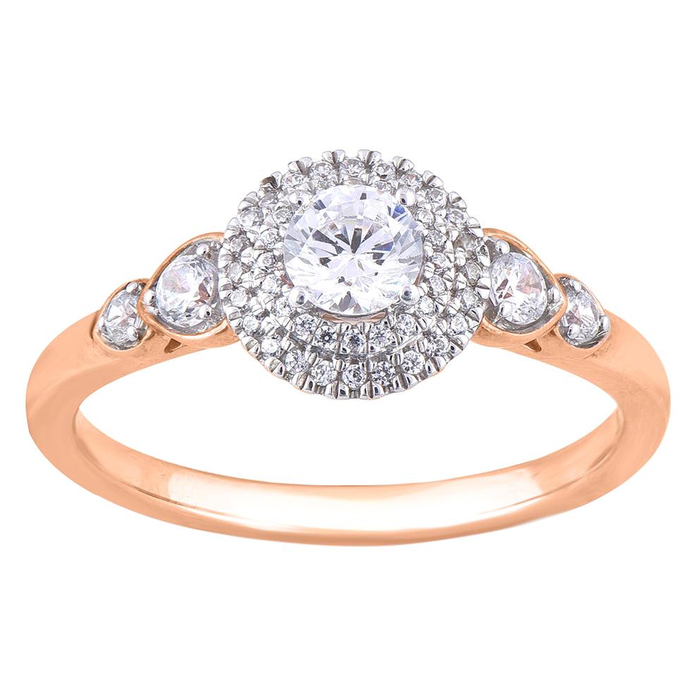 TJD 0.50 Carat 18 Karat Round Diamond Rose Gold Double Halo Engagement Ring For Sale