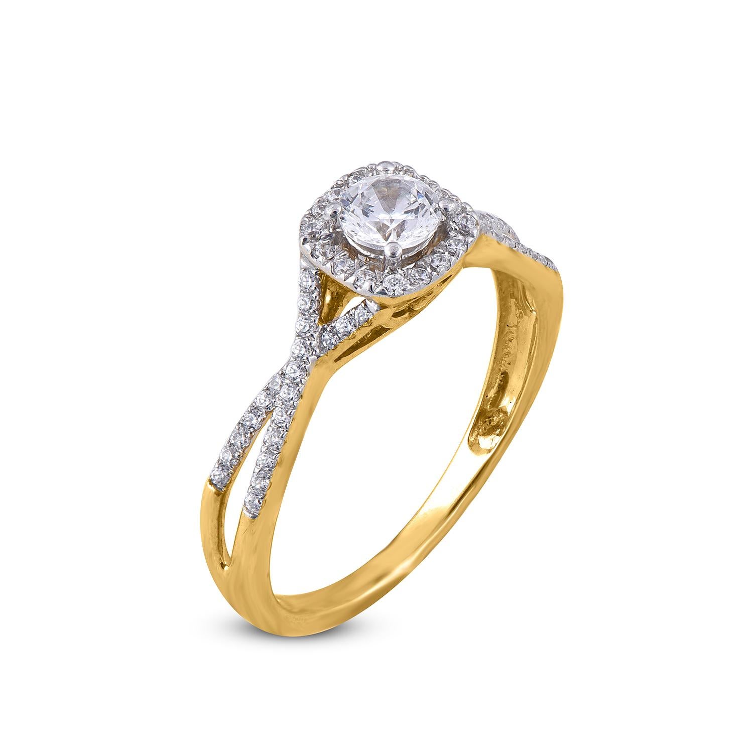 Truly exquisite, this diamond twisted shank engagement ring features in 0.30 ct of round centre stone and 0.20 ct of lined diamonds on shoulders. Expertly Crafted of sparkling 18 karat Yellow gold in high polish finish and set with 57 sparkling