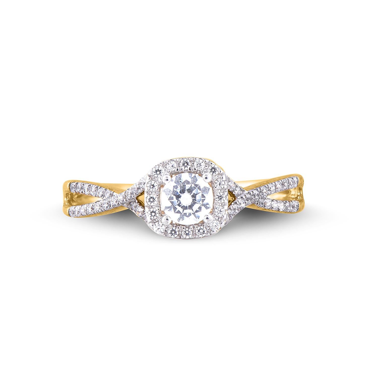 Round Cut TJD 0.50 Carat 18 Karat Round Diamond Yellow Gold Twisted Shank Engagement Ring For Sale